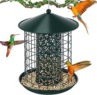 zerotop Metal Bird Feeders, 8.2in Squirrel Proof Bird Feeders Hanging for Small Birds Wild Bird Seed Feeder for Mix Seed Blends Sunflower Heart Birdbath Heavy Duty All Metal Anti-UV Finishing (Green)