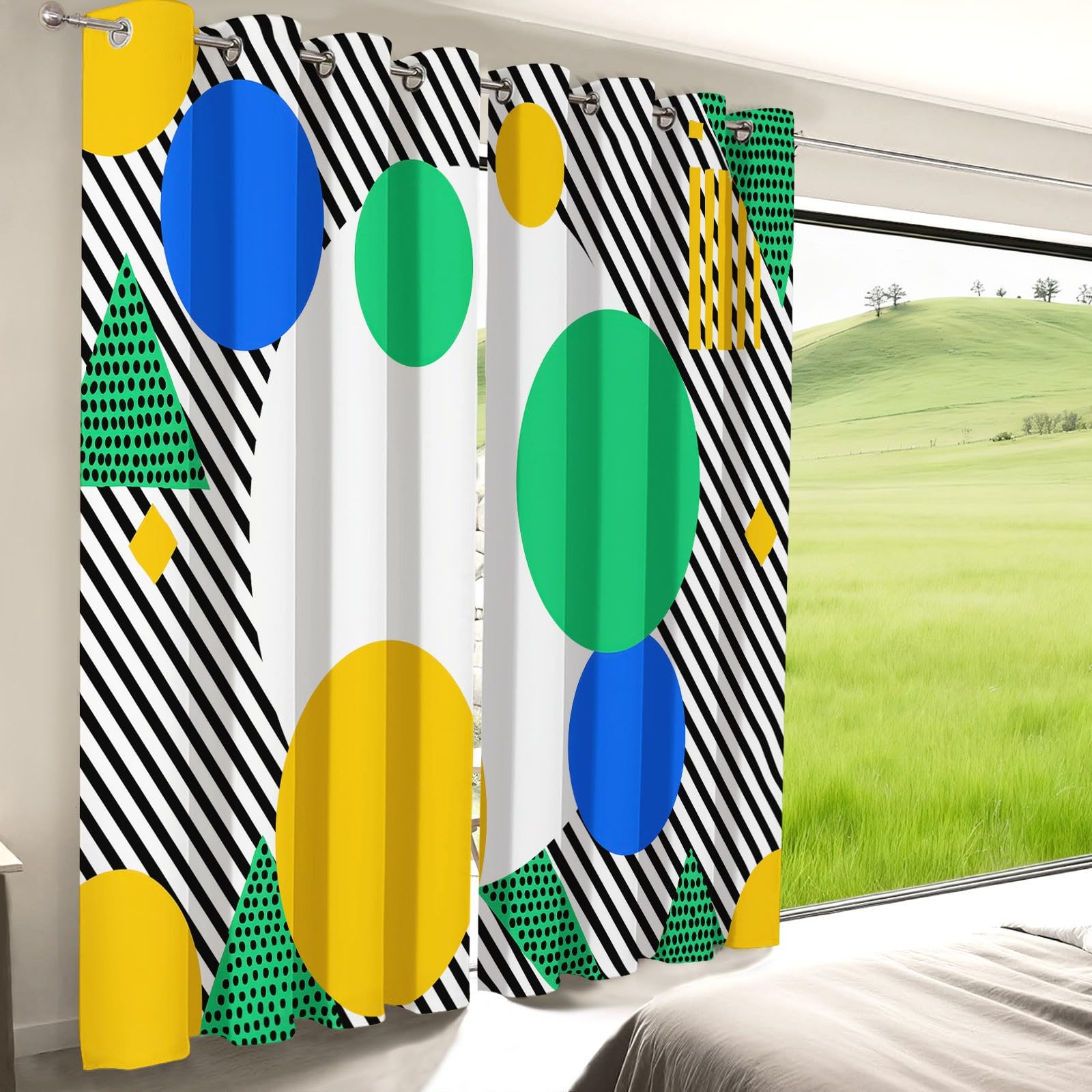Verdunklungsvorhänge mit Ösen für Wohnzimmer, Modern Modisch Geometrisch Streifen Kreise Thermovorhang Hitzeschutz 2er Set B110 x H215 cm Bunt, Schlafzimmer Vorhänge Blickdicht Fenster Gardinen