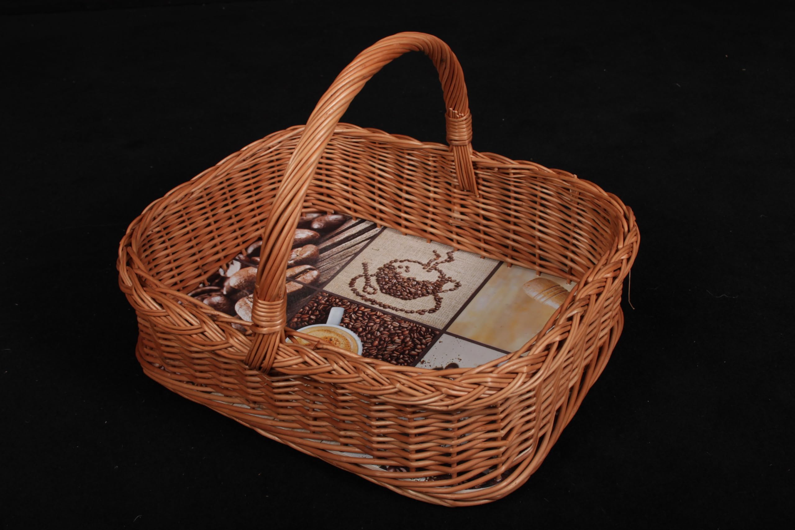 Tablettkorb mit Bügelgriff, aus unbehandelter Weide, stabiler Sperrholzboden mit hochwertiger Wachstuchfolie (Kaffee)