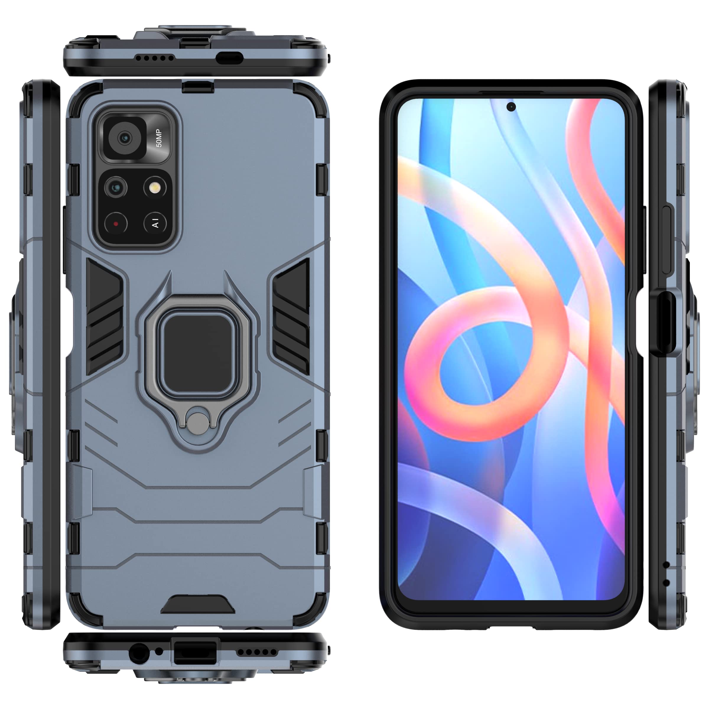 Custodia TingYR Per Xiaomi Poco M4 Pro 5G – Blu Scuro – Con Supporto Magnetico E Anello Antiurto - 6