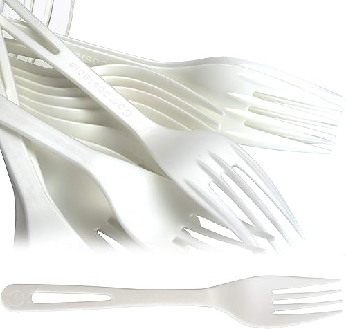 Tenedores hechos de plástico a base de plantas sin OMG, paquete de 200. Los utensilios resistentes están certificados compostables, desechables y