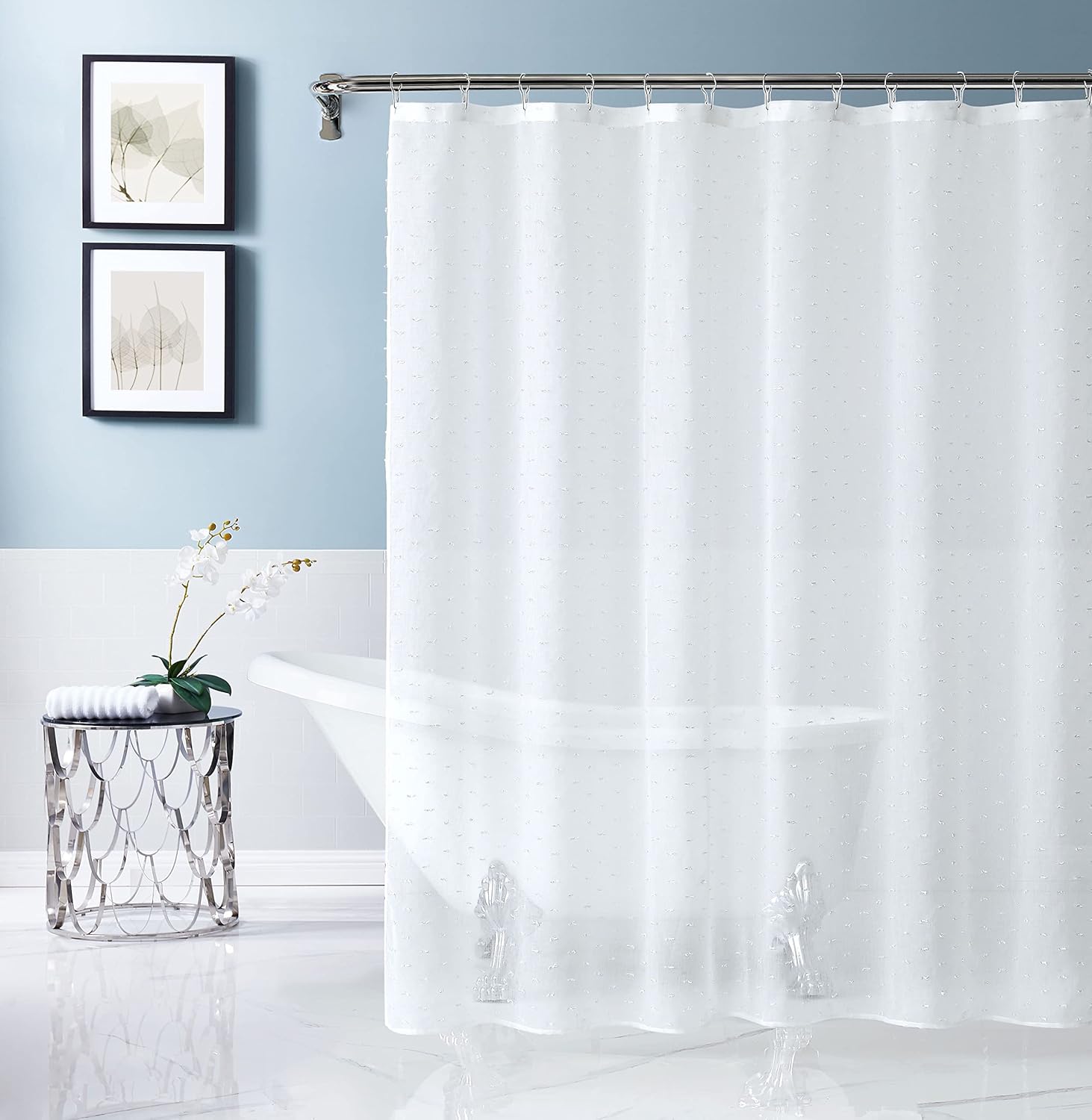 Dainty Home Sprinkles Look Textured Sheer 3D Embellished Lurex Linen Shower Curtain, 70" x 72", White