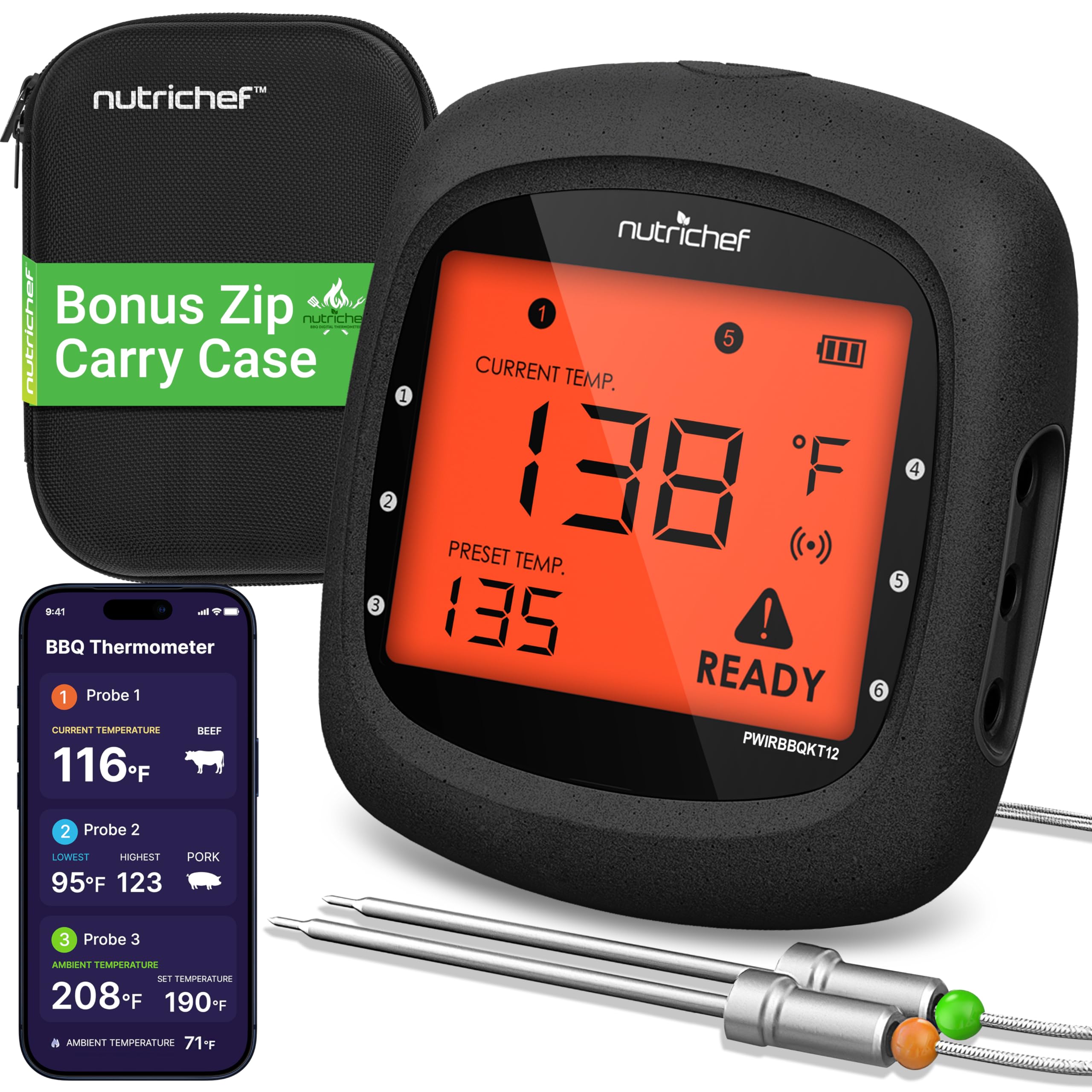 NutriChef Smart Bluetooth BBQ Thermometer with Travel Zip Case, Upgraded Stainless w/ 2 Temperature Probes, LCD Display, Done Alarm Android iPhone, Gas Charcoal BBQ Smoker Temp Monitoring