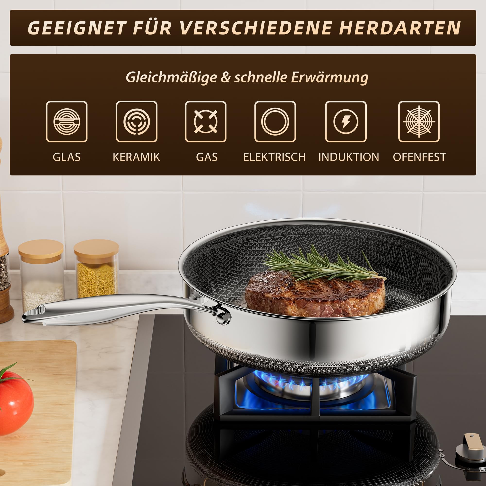 Tiefe Bratpfanne mit Deckel 26cm, Edelstahlpfanne Hybrid, Kühl bleibender Griff, Spülmaschinenfest, PFAS, PFOA und PTFE Frei, Ofenfest bis 260 °C, Geeignet für Induktion, Alle Herdarten