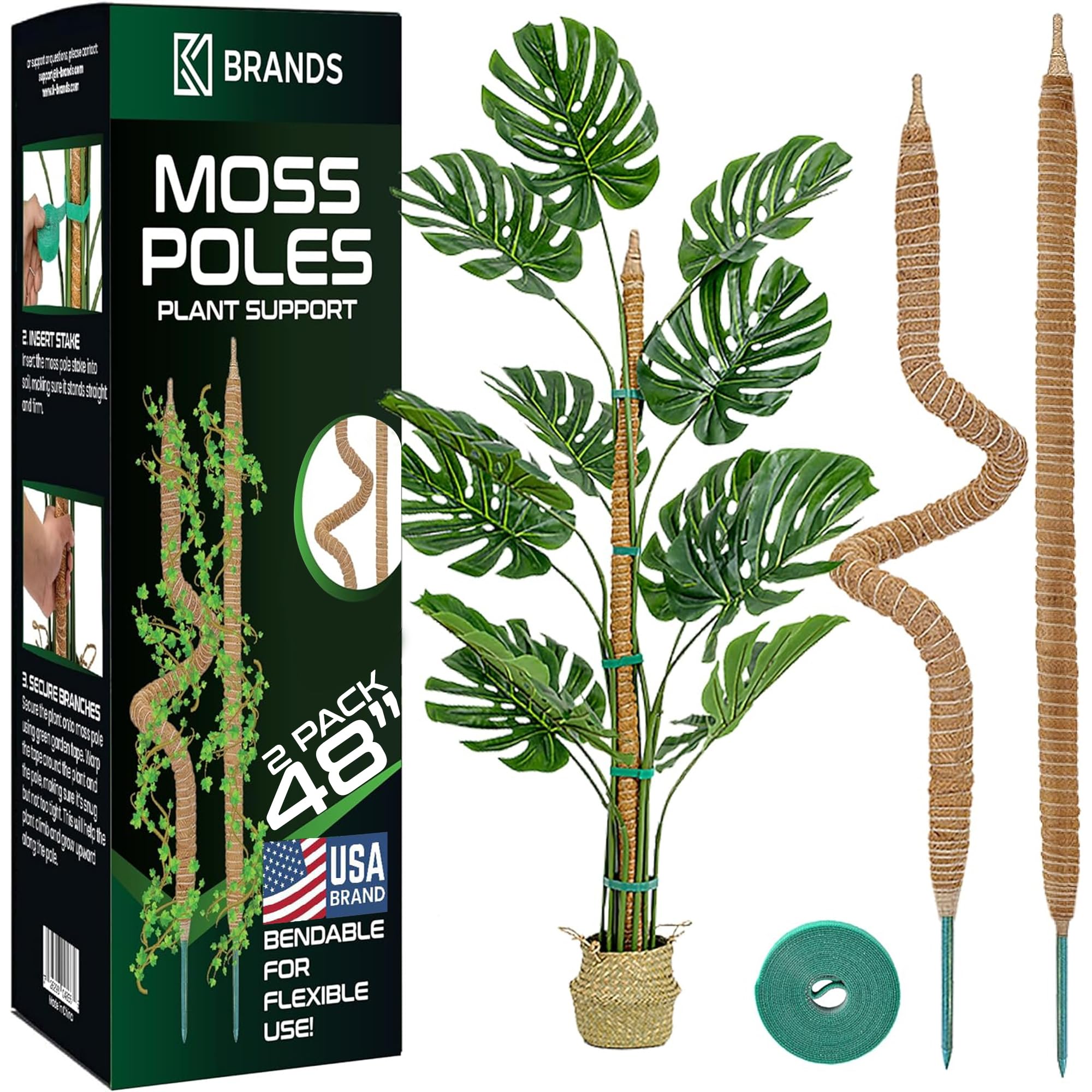 K-Brands 2 Pack Moss Pole - 46'' Monstera Plant Support - Moss Pole for Plants Monstera - Moss Poles for Climbing Plants - Bendable Plant Sticks Support - Plant Stakes for Indoor Plants