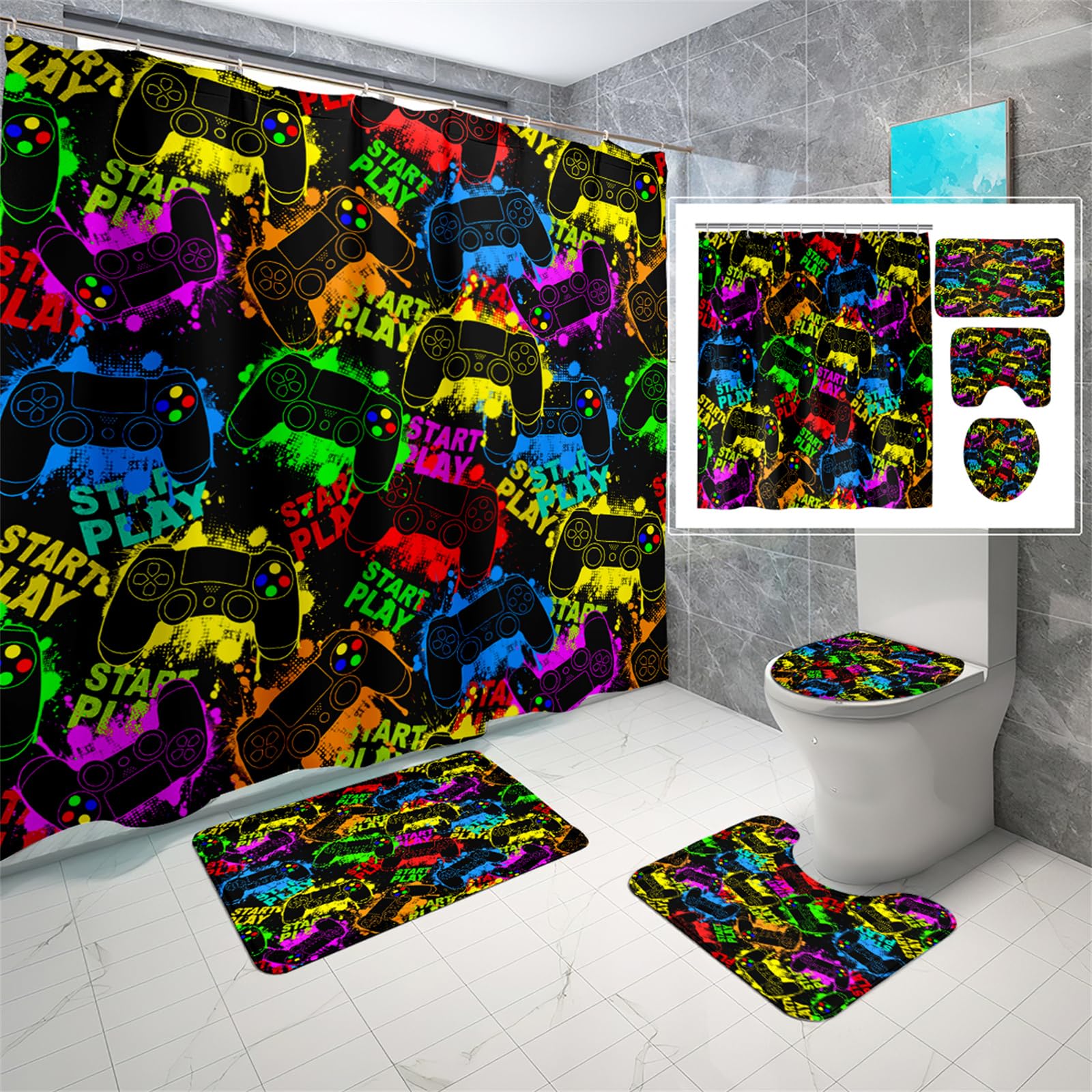 Gamer-Duschvorhang-Set Für Jungen – 4-teilig, Wasserdicht, Mit Matte & Teppich, Gaming-Design Fürs Badezimmer