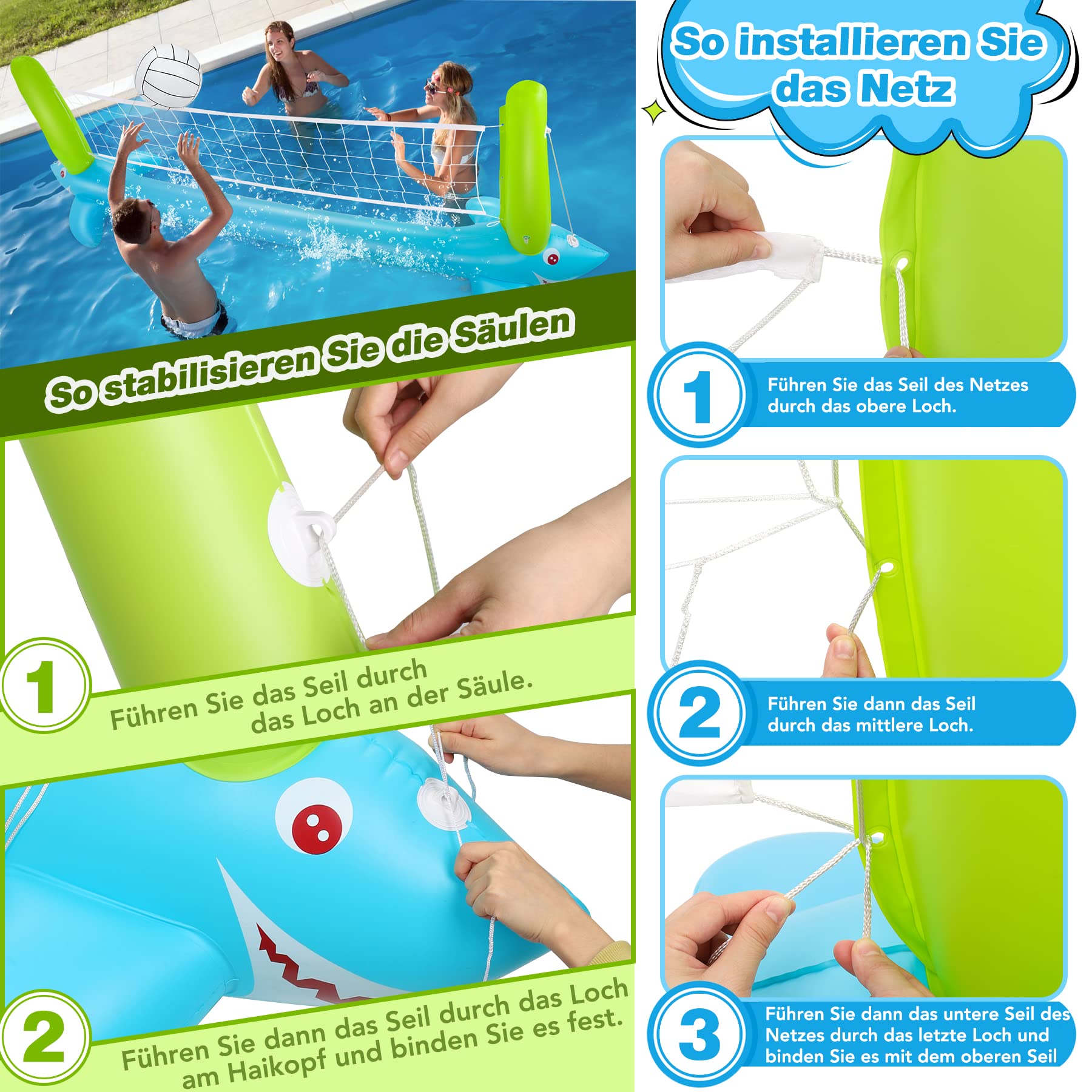 Pool Volleyball Game - 304 Zentimeter Aufblasbare Pool Float Set mit Volleyballnetz und Basketballkörben- Pool Volleyball Spiel für Kinder und Erwachsene (304 x 110 Zentimeter)