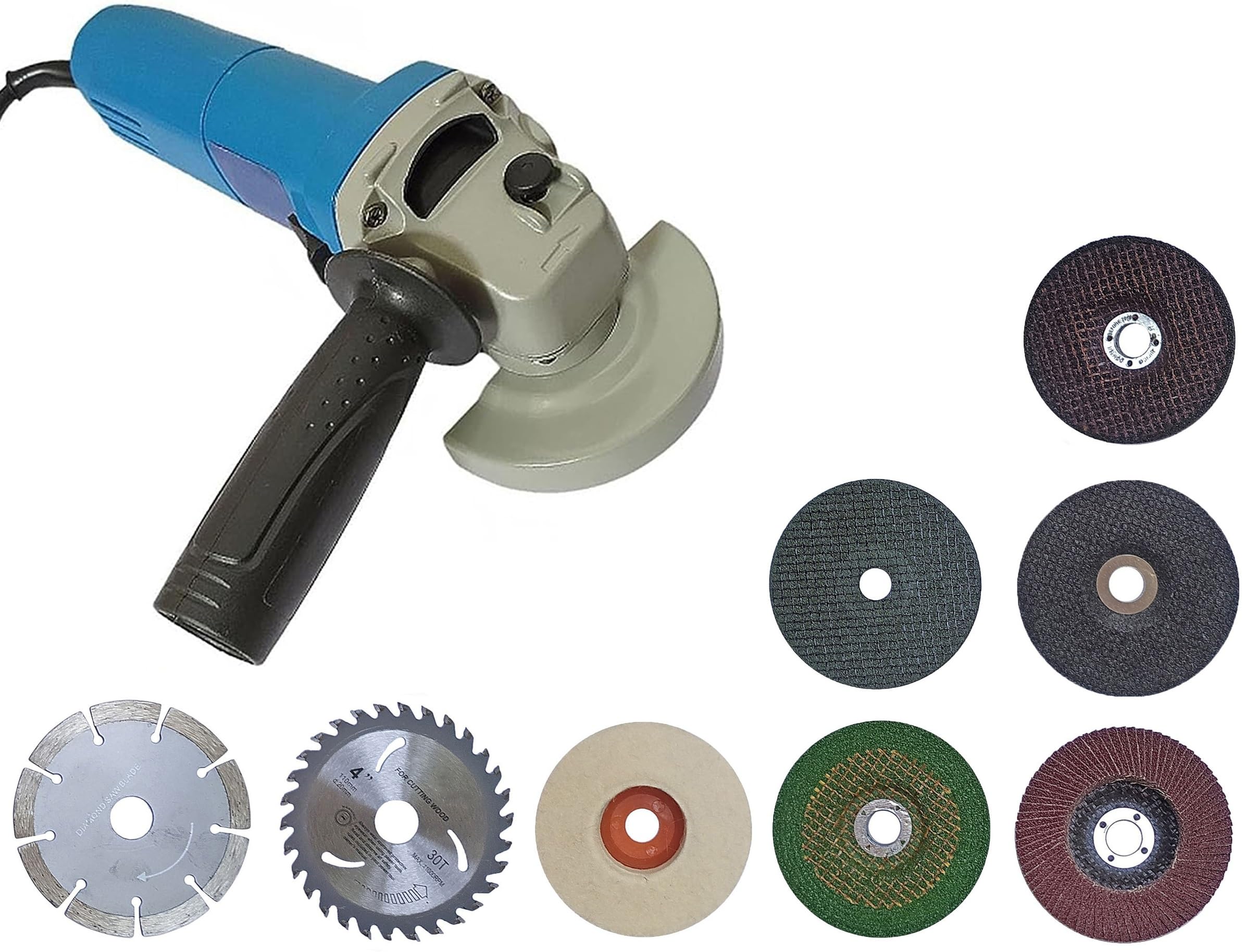 Inditrust New Powerful 900W 4 inch 801 angle grinder combo with 8 wheels for cutting grinding buffing polishing application (Blue)