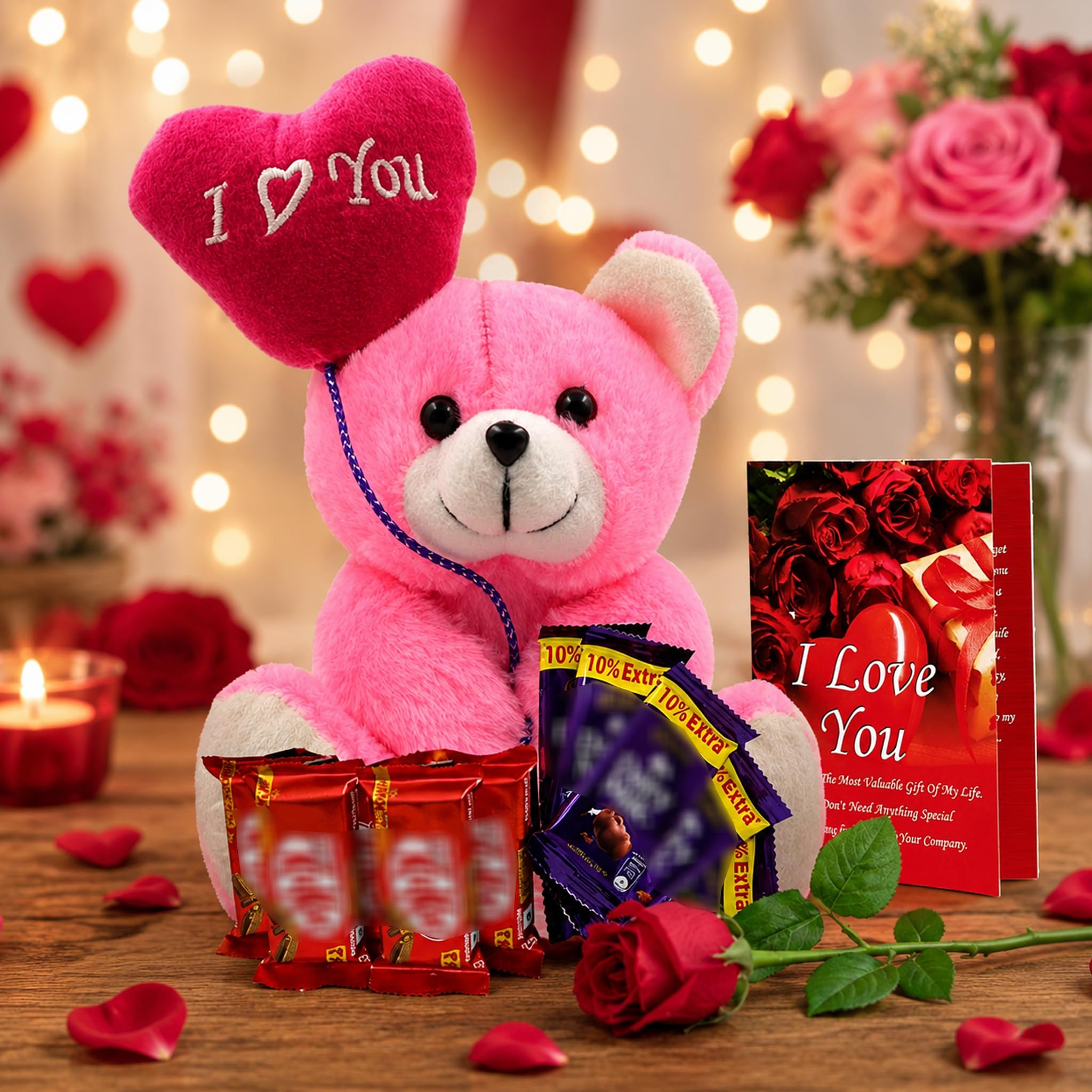 Midiron Birthday Gift Set | Romantic Gift for Girlfriend | Wife | Anniversary Gift Set | Chocolate Gift for Special Person (10 Chocolates, 1 Artificial Rose, Love Greeting Card, Teddy Bear, 400 gram)-image-40