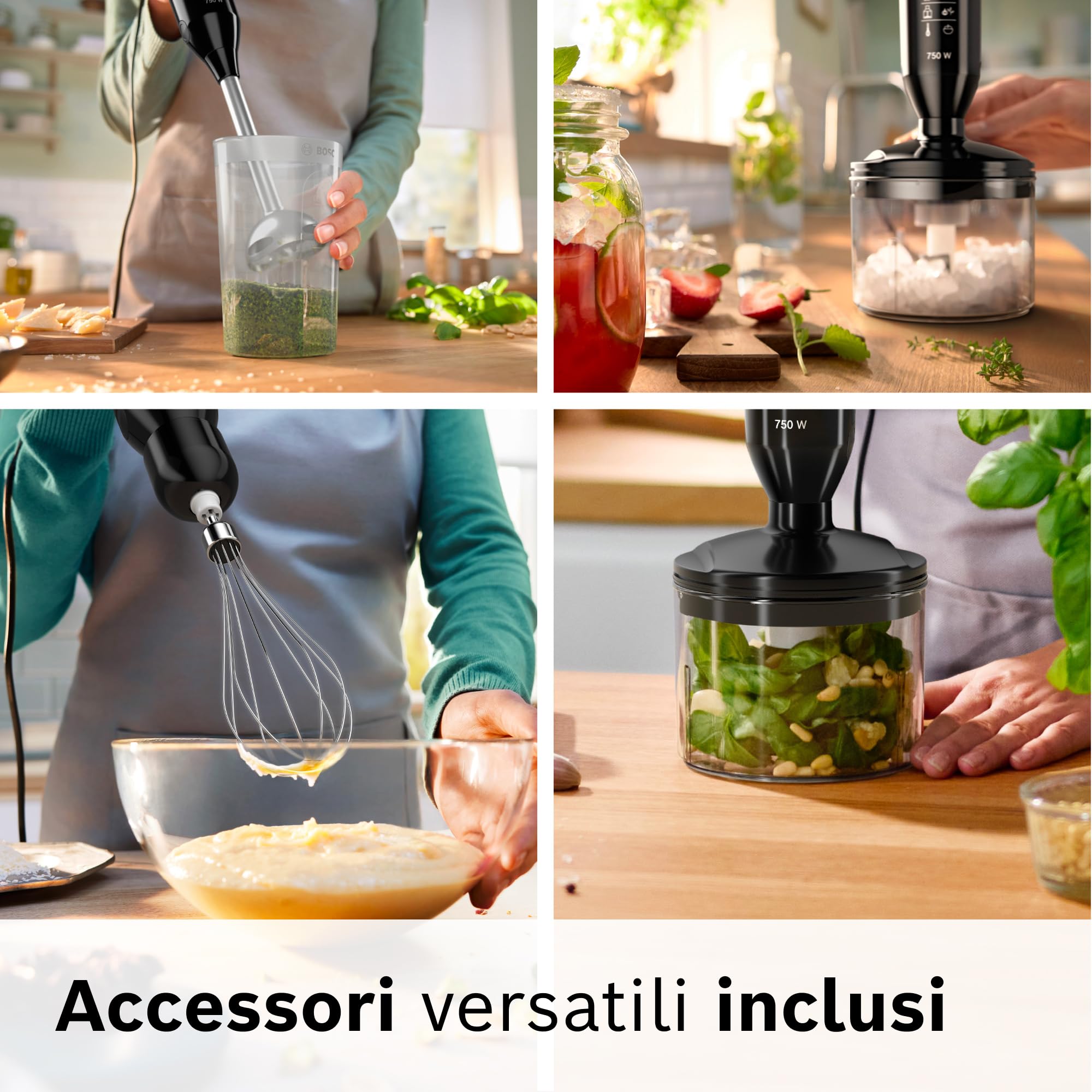 Bosch Frullatore a Immersione MSM67170, 750 W, 12 Velocità, Lama in Acciaio Inox, Impugnatura Ergonomica, Tritatutto, Lama Tritaghiaccio e Frusta Inclusi, Bicchiere Graduato, Cavo a Spirale, Nero