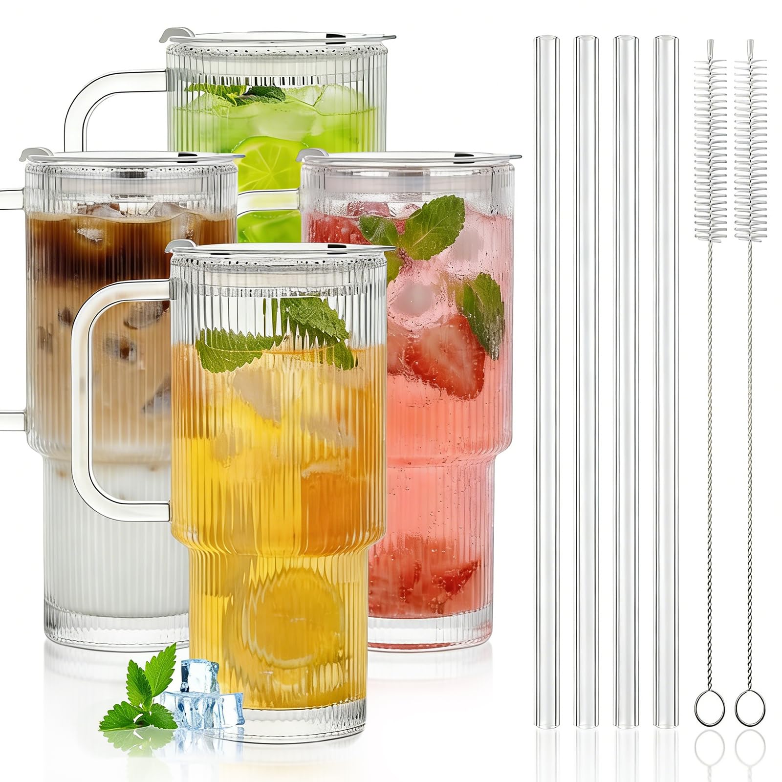 Set Vasos de Vidrio con Tapa y Asa, Popotes De Vidrio y Cepillo De Limpieza Vasos, 500ml Reutilizable Vasos de Cristal, Copa de Viaje Estética, Vaso para Cafe Frio para Agua Jugo Soda Etc. (4)