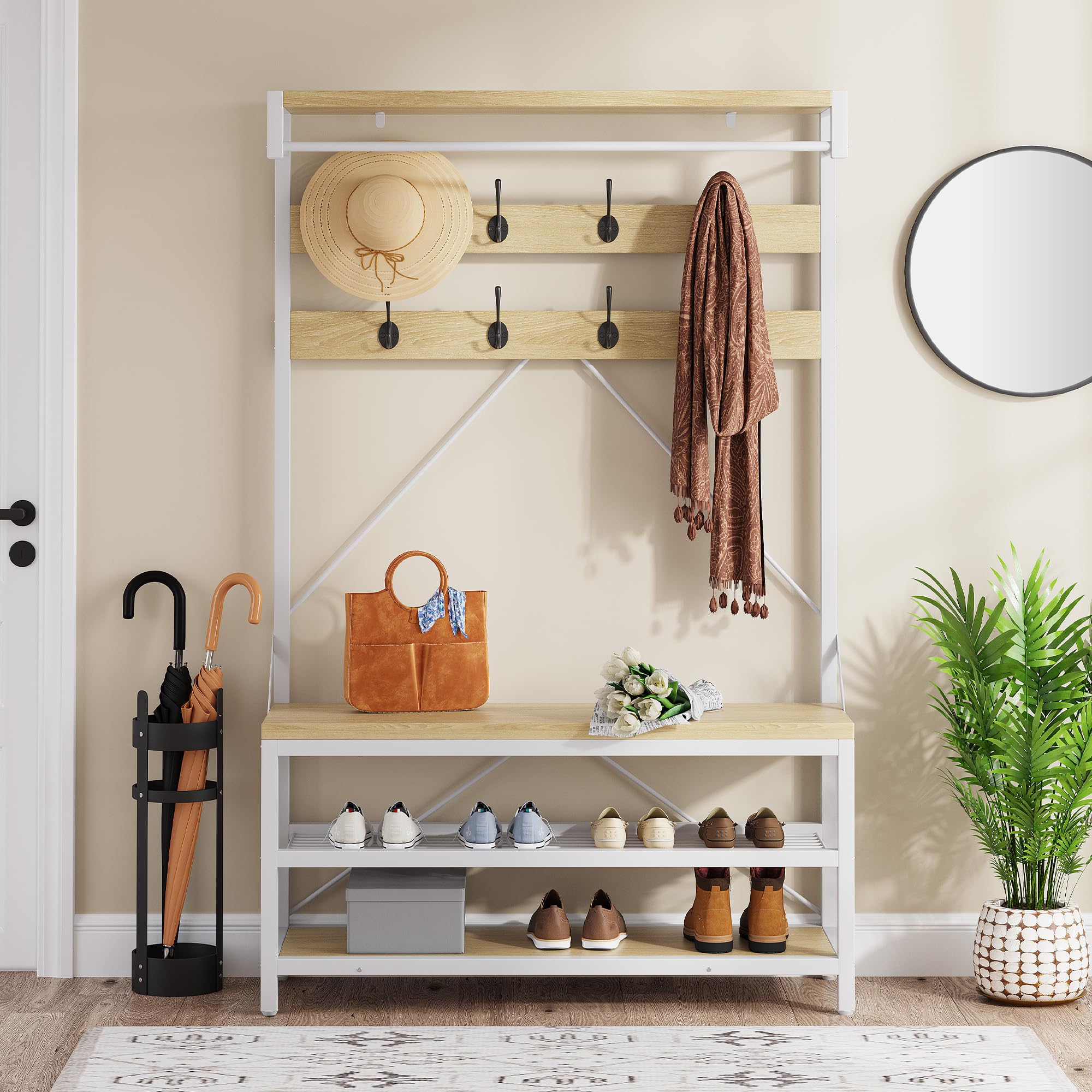 Garvee Perchero Entrada Recibidor, Estilo Industrial Con Zapatero Y Banco, 8 Ganchos & Barra Colgante, Gran Capacidad, 112x40x183 Cm, Color Madera