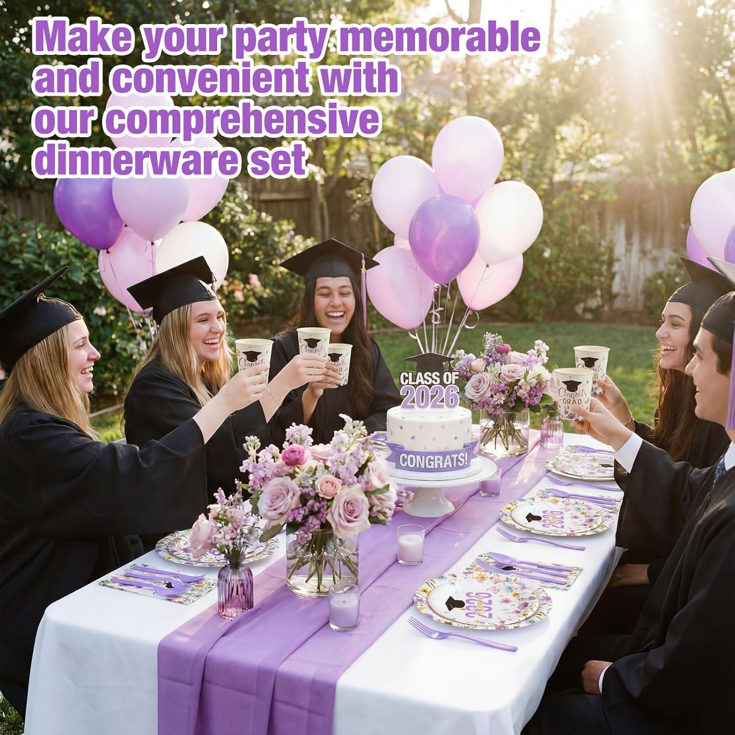 400 Pcs Class of 2026 Purple Floral Graduation Decoration for 50 Guests, Purple Gold Flower Graduation Paper Plates Napkins Cups Cutlery Grad Tableware for 2026 Congrats Grad Party Supply