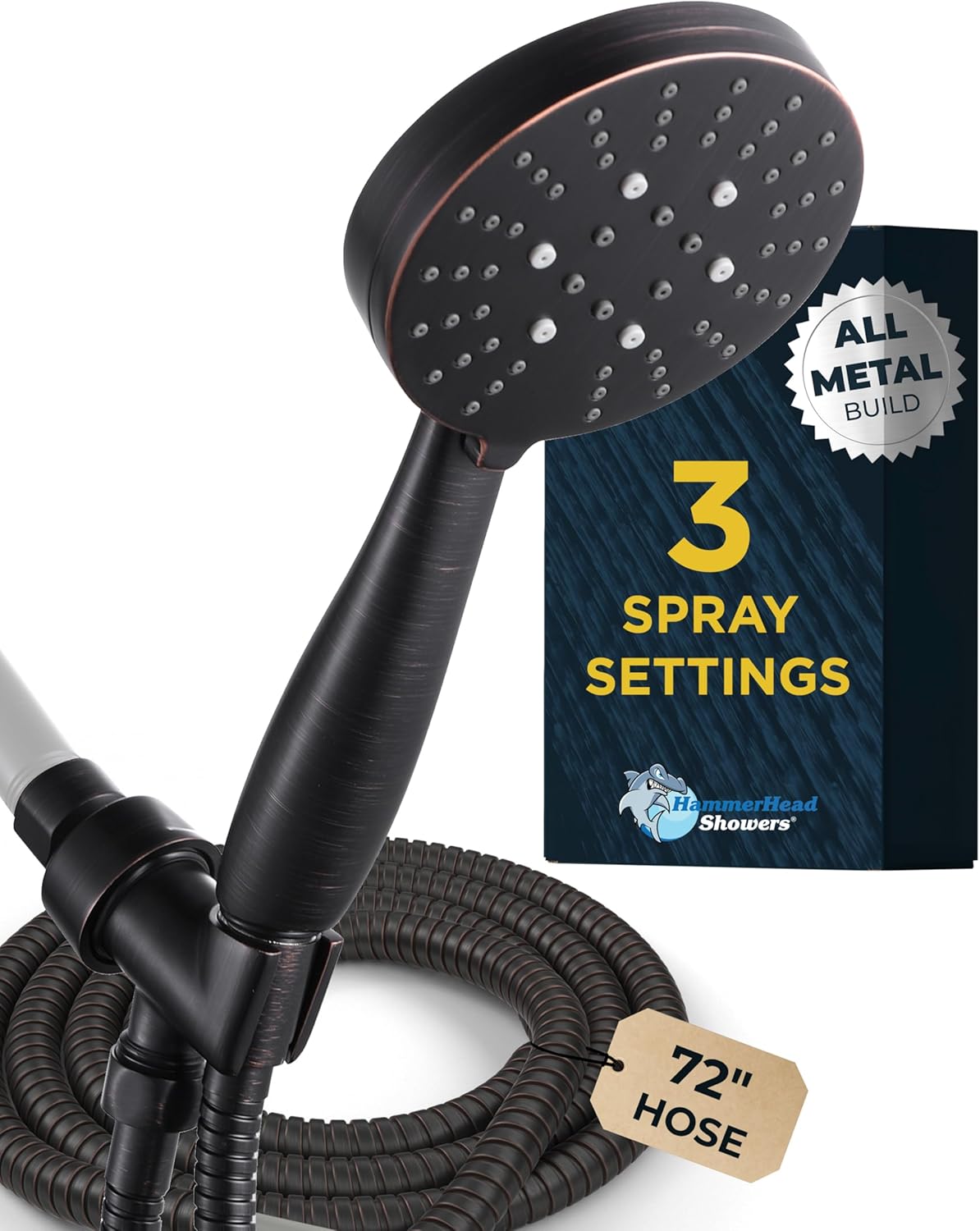 HammerHead Showers Solid Metal 3-Spray Handheld Shower Head with Long Hose and Holder - OIL RUBBED BRONZE - 2.5 GPM High Pressure Shower Head with Handheld Sprayer - WIDE, MASSAGE, and MIST Sprays
