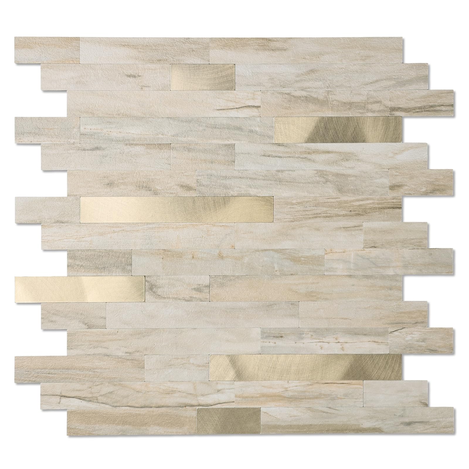 Yipscazo Peel and Stick Stone Metal Tile Backsplash, Stick on Tiles for Backsplash Kitchen, Bathroom, Laundry Room, Camper, Fireplace (12" X 12",20 Sheets in Sandy Stone with Gold)