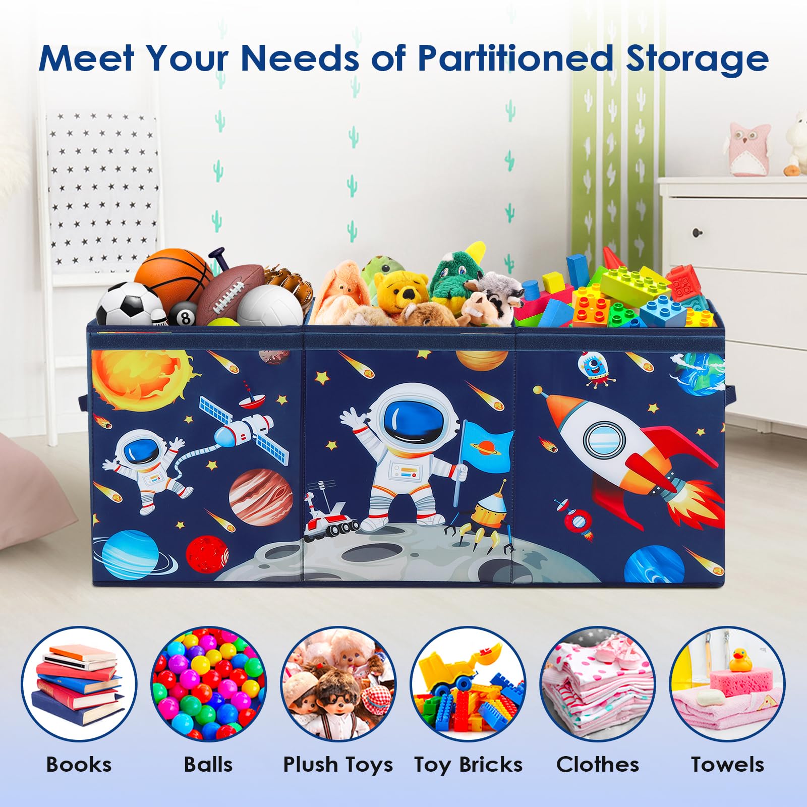Scatola di Giocattoli Extra Large con Coperchio Ribalta per Bambini, Contenitore Porta Giochi Pieghevole Oxford, Baule Portagiochi Impermeabile Robusto per Ragazze Ragazzi, 96×32×40cm (Astronauta)