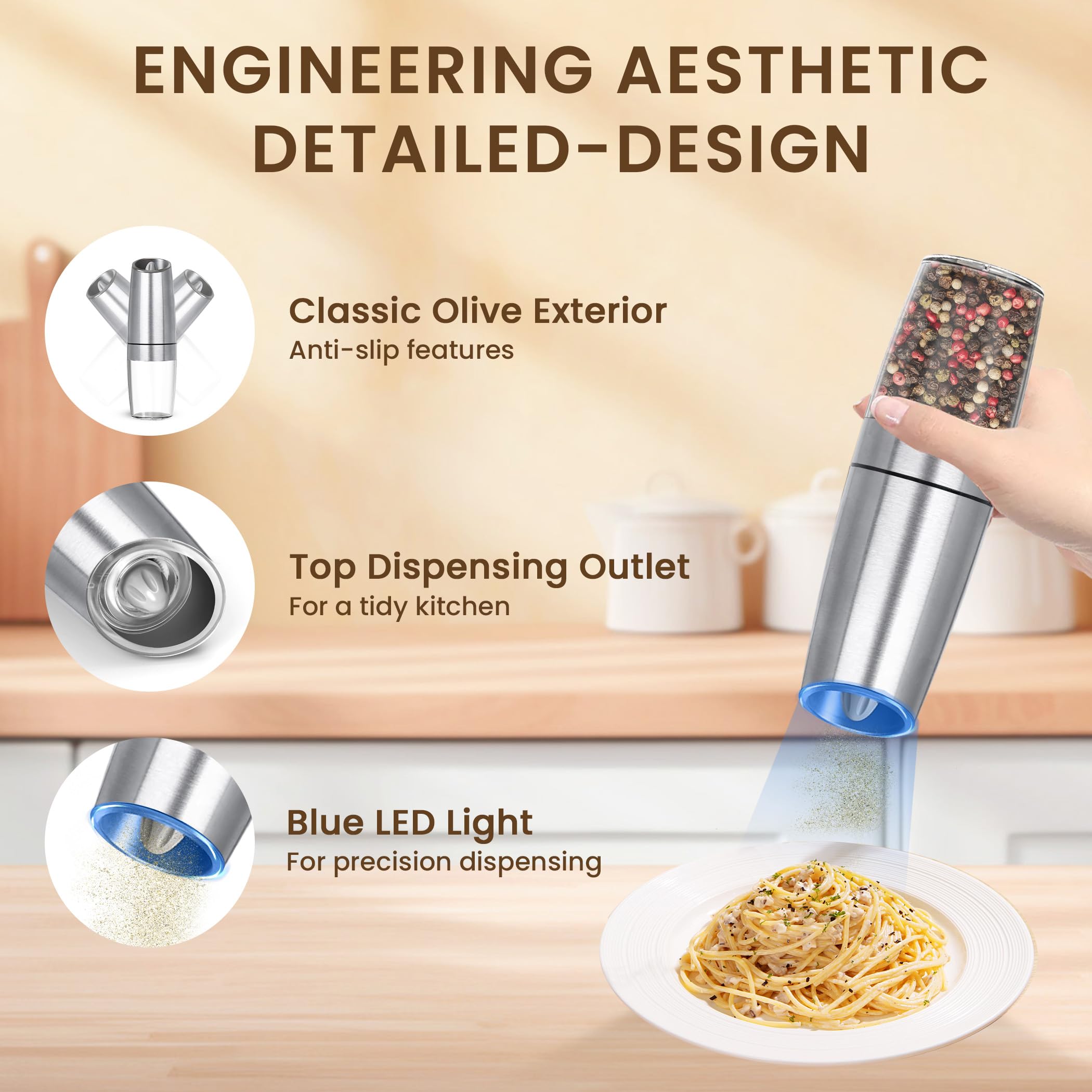 KIARYUOLL Gravity Electric Salt & Pepper Grinder Set – Automatic, Battery Powered With LED Light & Adjustable Coarseness (2-Pack, Silver) - View #7