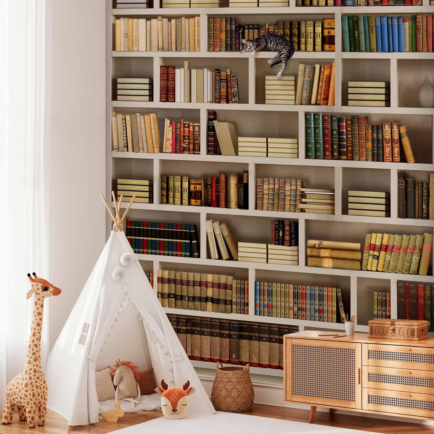murando - Fototapete Vlies Bibliothek, 400x280 cm, Schlafzimmer, Wohnzimmer | Full HD Druck, 3D-Effekt, lichtbeständige Farben, ideal fürs Wohn- oder Schlafzimmer, schnelle Montage, lichtbeständig, edel