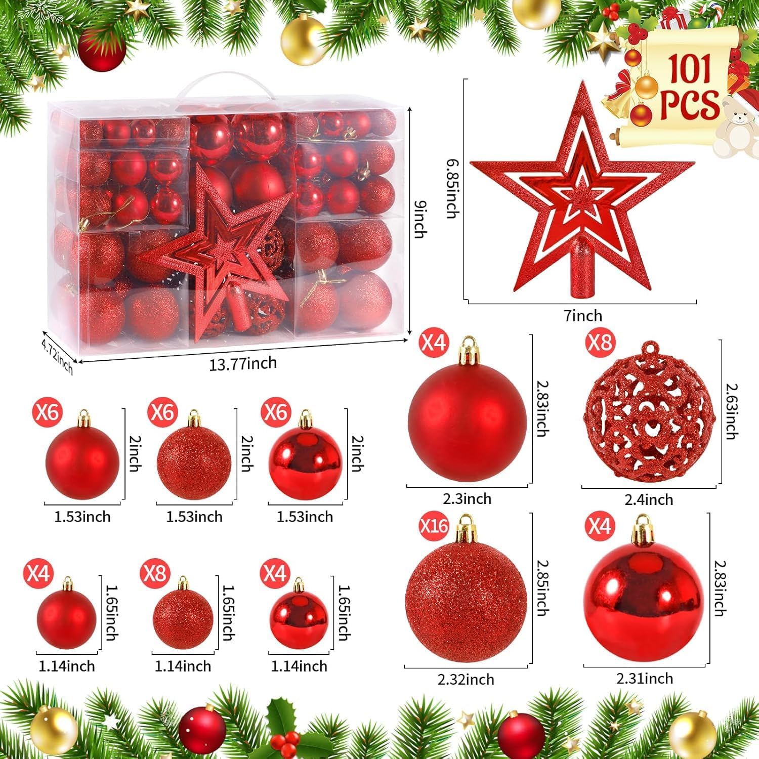 CIRULLI Juego de 101 Bolas de Navidad Rojas - Bolas de plástico para árboles de Navidad de diámetro Ø3, 4 y 6 cm - Adornos navideños de Bricolaje - Adornos navideños - con Dispositivo para Colgar