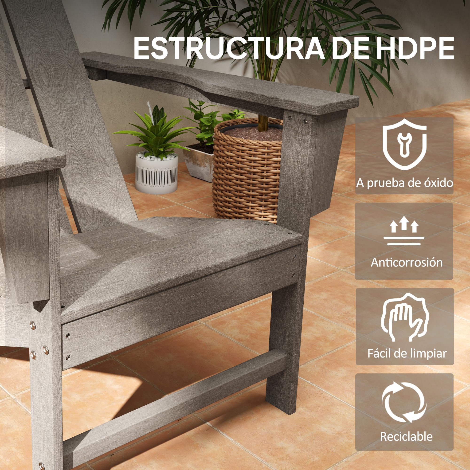 Outsunny Silla Adirondack Exterior con Asiento Extra Ancho Silla de Jardín para Patio Terraza Balcón Soporta 120 kg 75x83x90 cm Gris Oscuro