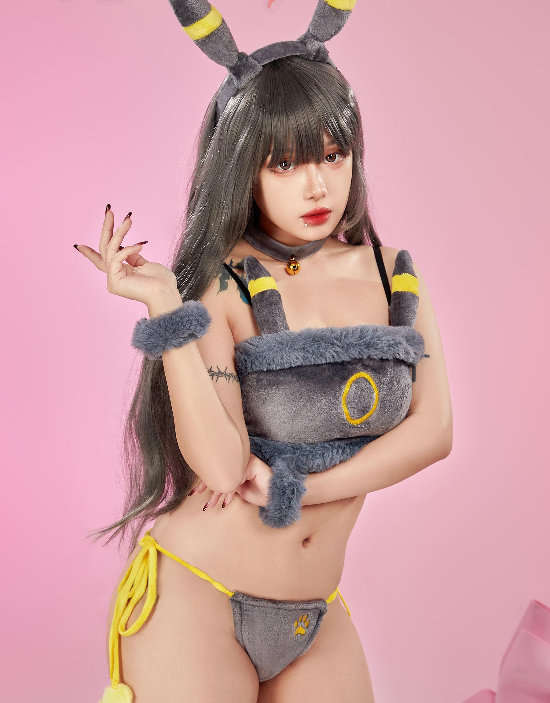Mobbunny Anime Cosplay Pajamas Set for Women Fluffy Crop Top and Panty 2 Piece Flannel Lounge Set Cartoon Sleepwear: Small Black