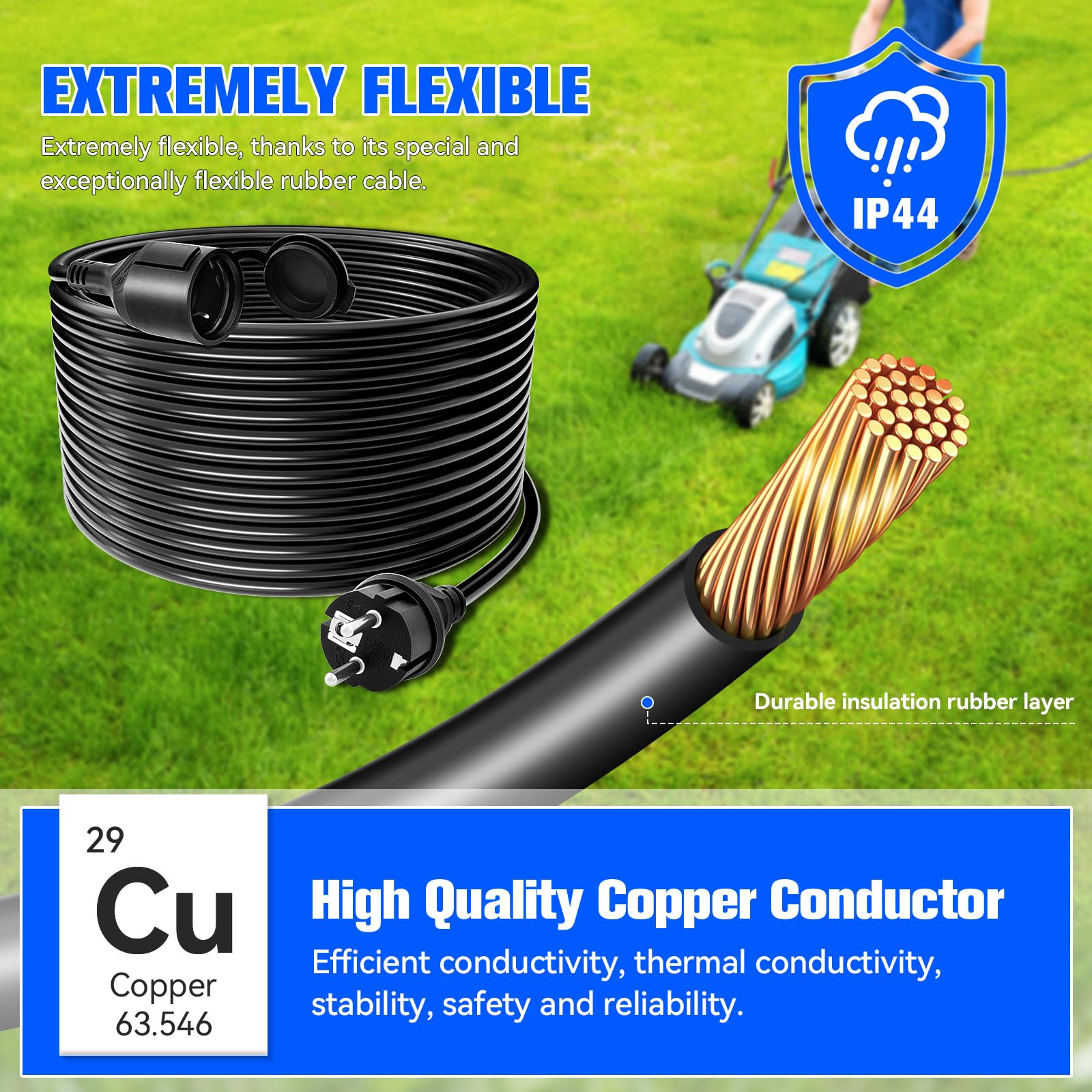 Rallonge Electrique Extérieure 40 m, Câble prolongateur 3G1,5 mm² IP44, 16A 250V avec Capuchon de Protection, Prise à Contact de Protection pour intérieur et extérieur