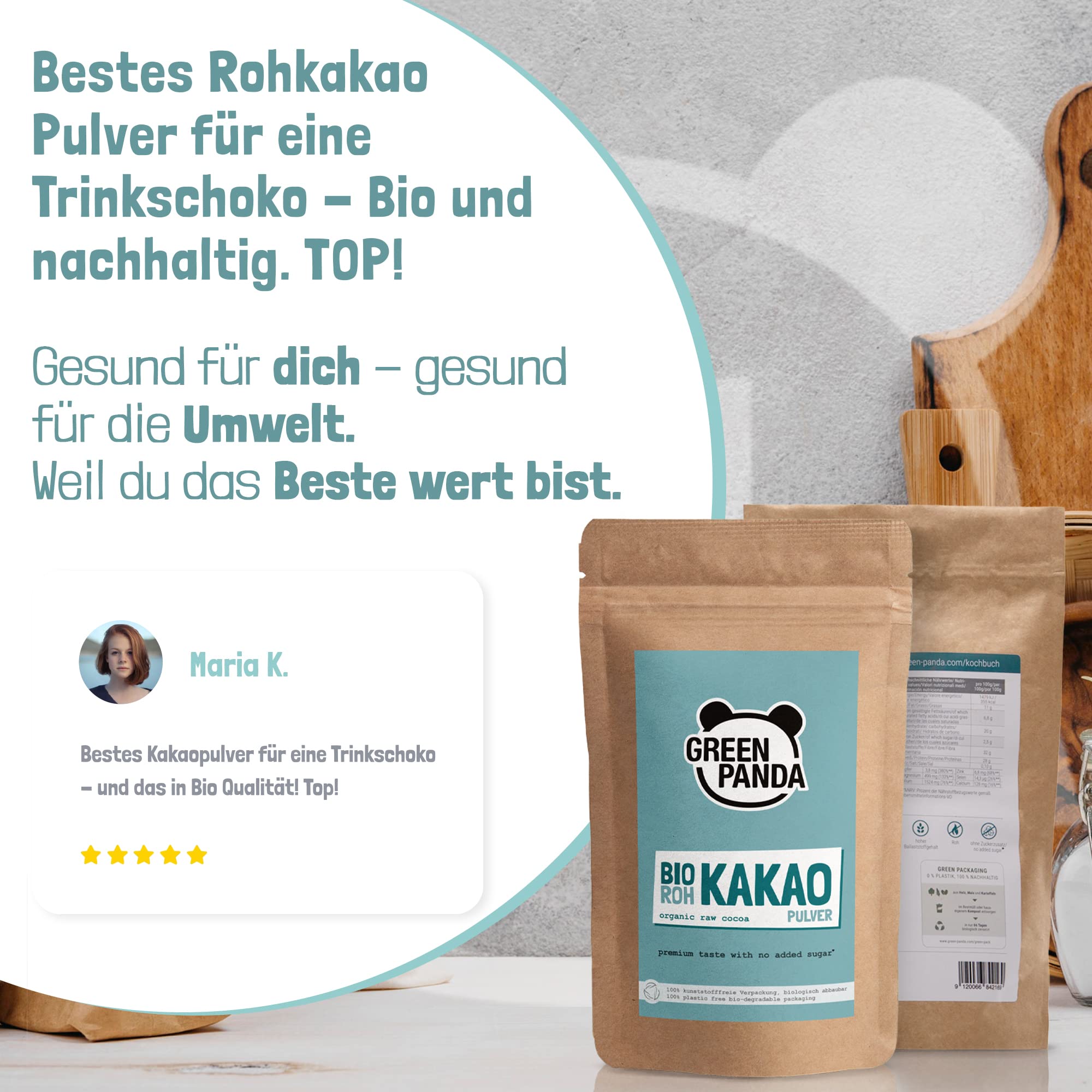 GREEN PANDA® BIO Rohkakao aus Premium Kakaobohnen | Bio Kakaopulver stark entölt und zuckerfrei | Kakao ohne Zucker für Trinkschokolade, Shakes, Desserts, zum Backen oder ins Müsli | 1kg