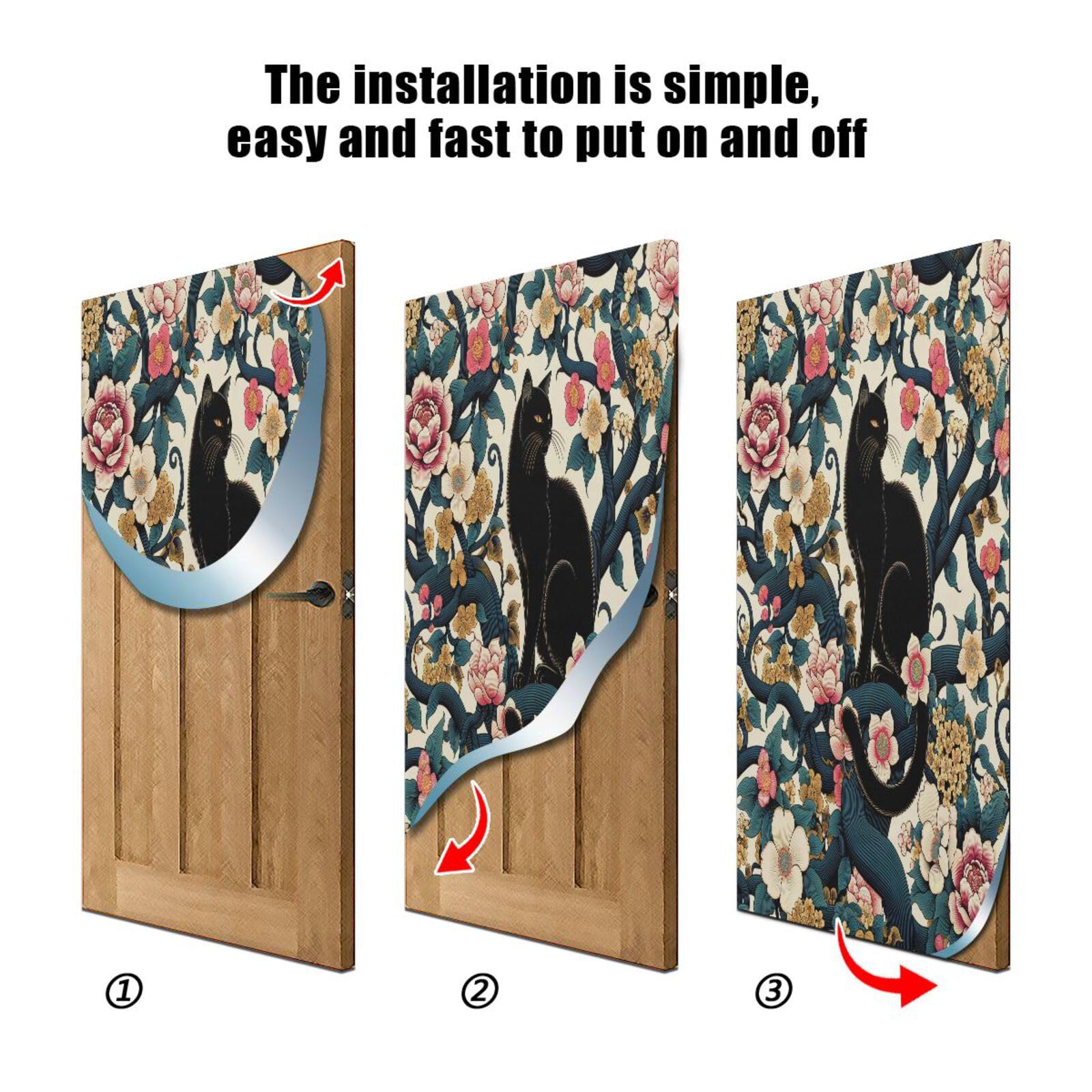 FLildon Black Cat and Japanese Flowers Door Cover Decoration, Party Accessory Porch Decor for Festive Ornament Room Door Covers 32 x 79 Inch