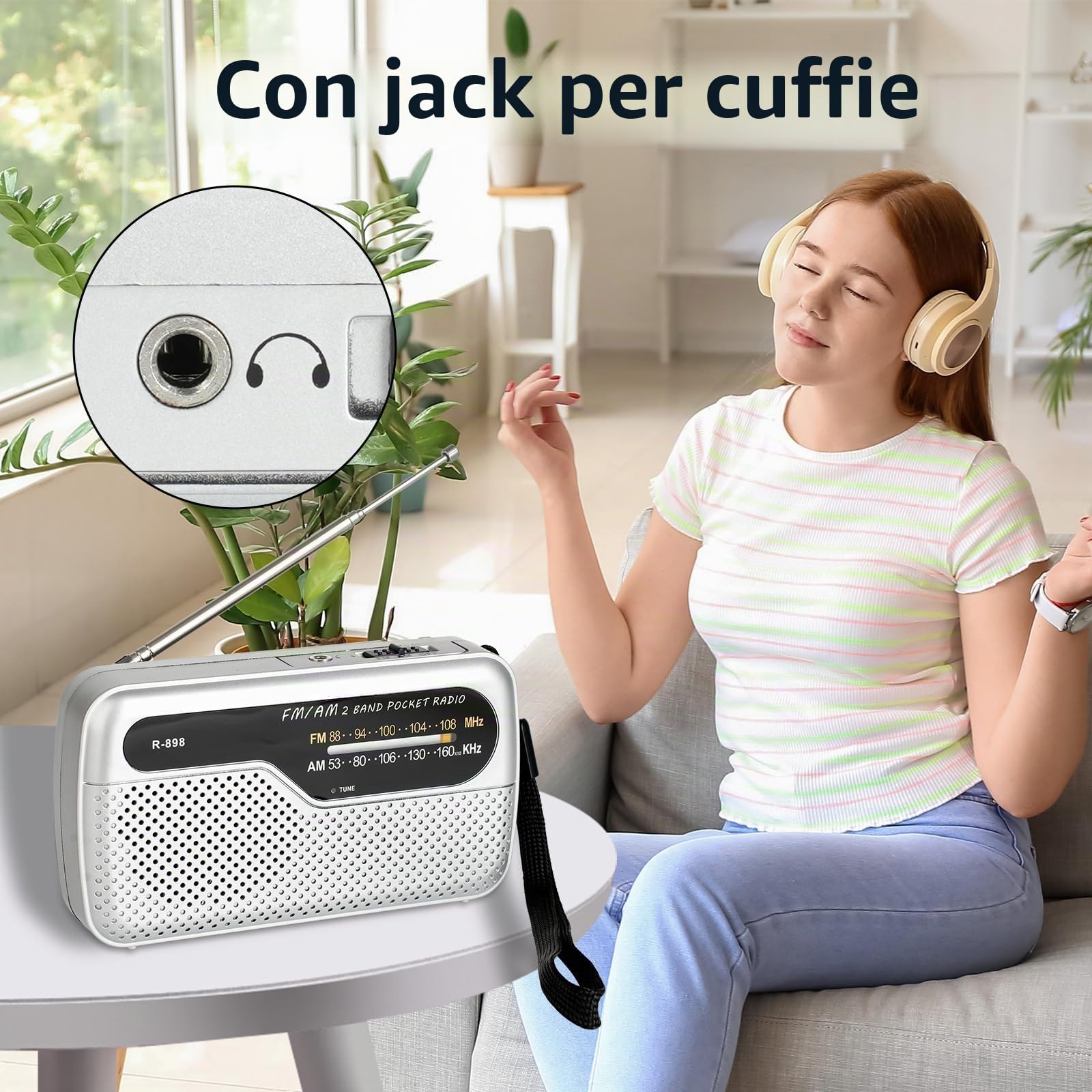 Radio portatile FM transistor con altoparlante potente, funziona con 2 batterie AA, argento