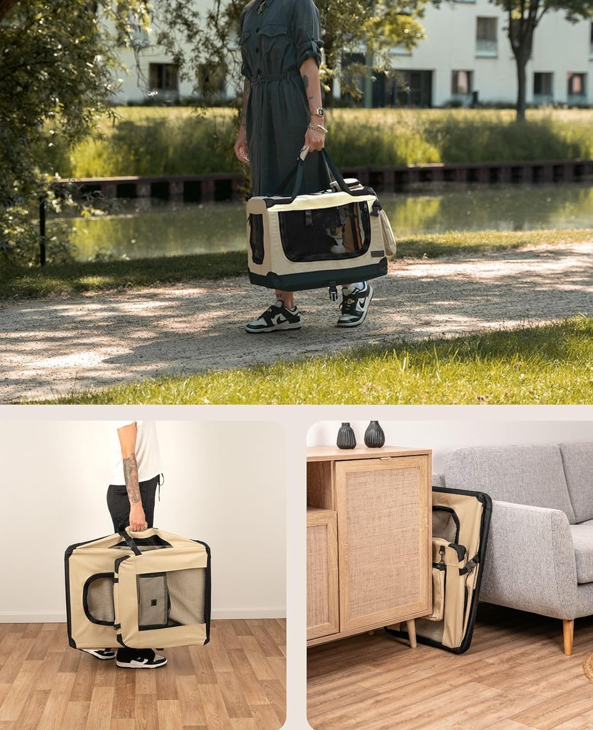 lionto Borsa Trasportino per Cani Scatola pieghevole per Animali Borsa per Cani, (M) 60x42x44 cm Beige