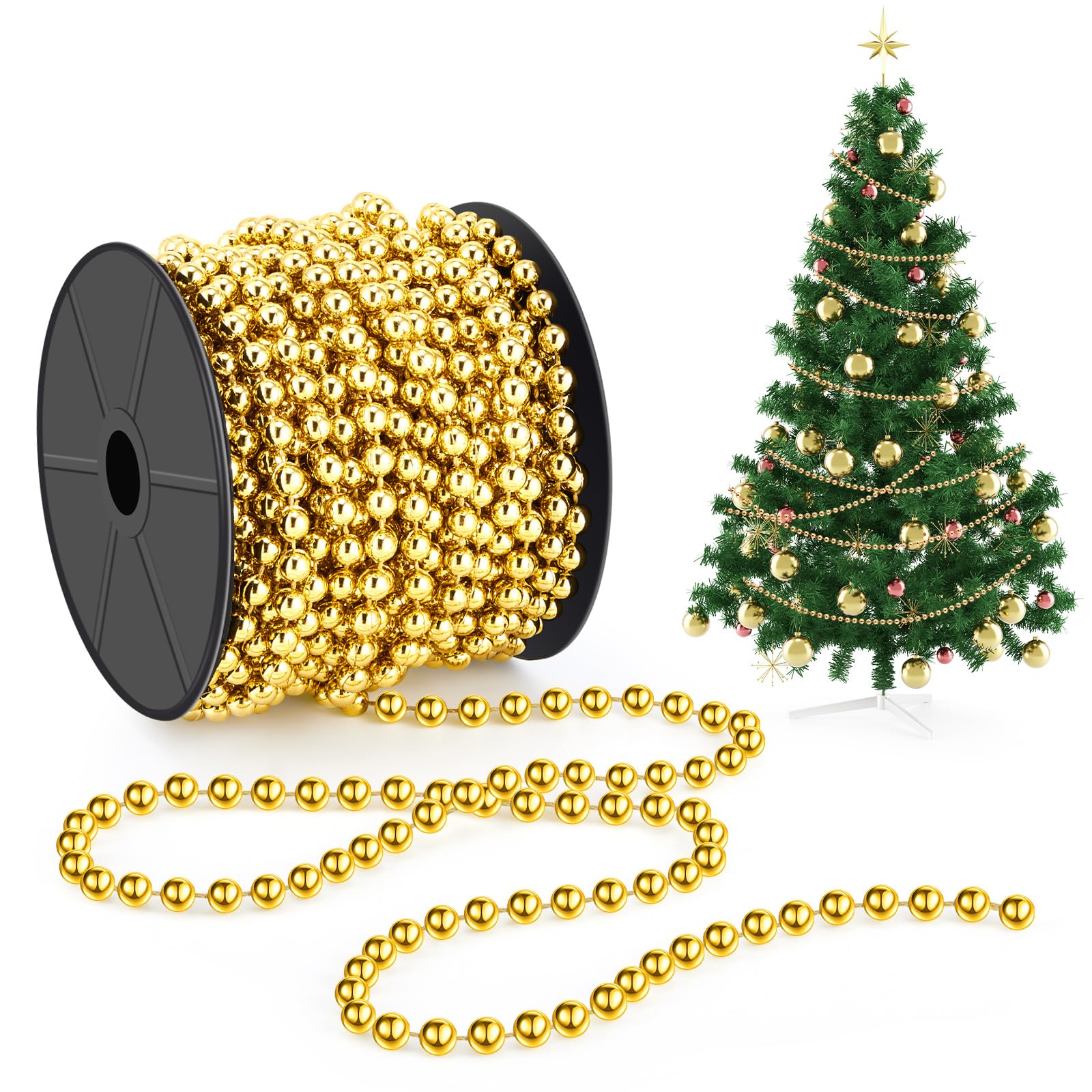 Chuangdi 1 Roll/ 15m Christmas Bead Chain 6mm Gold Christmas Hanging Decoration Christmas Tree Ornaments Plastic String Garlands for Craft Xmas Tree Stairs