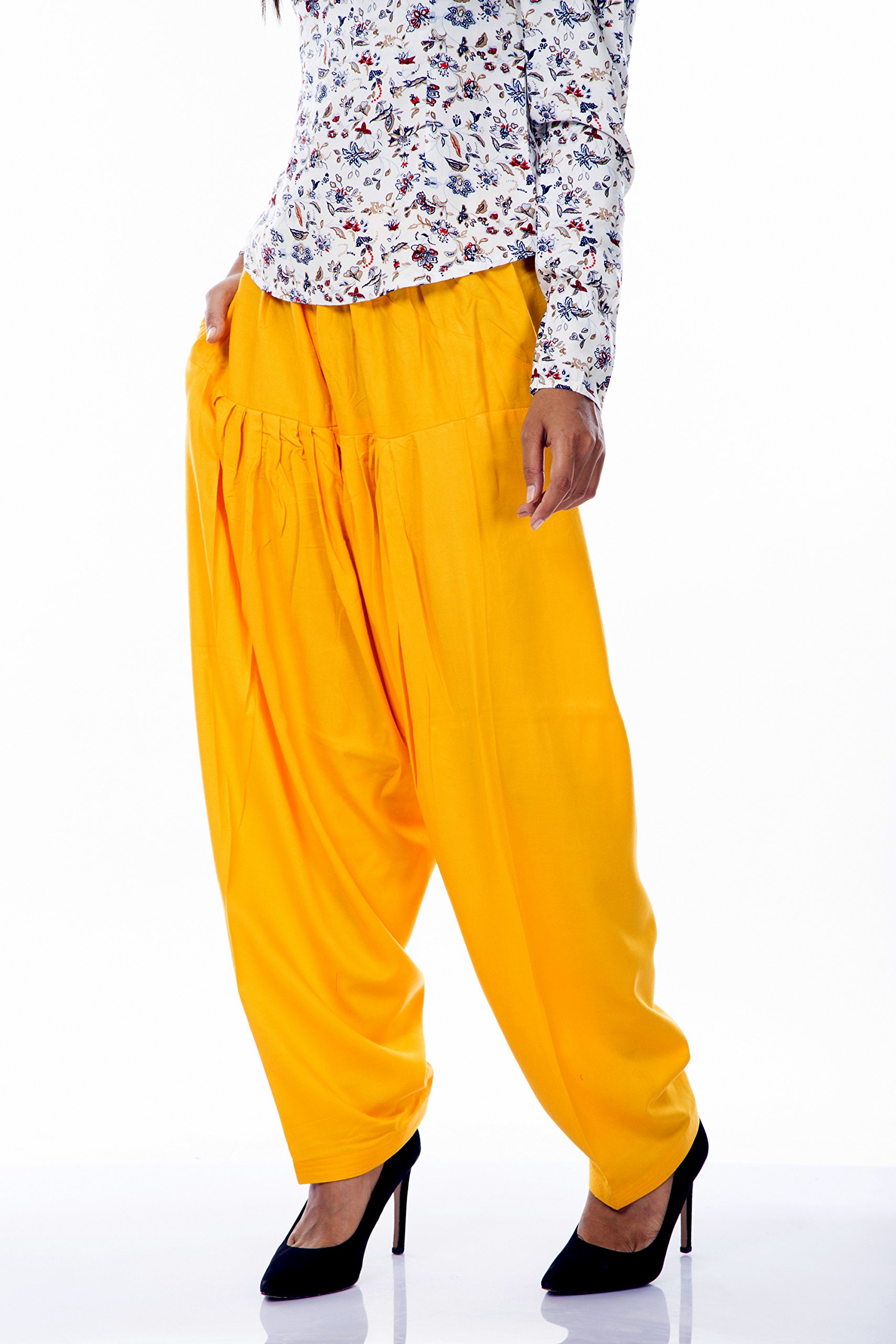 ladyline Womens Plain Yellow Rayon Salwar Pants with Pocket & Elastic Waist Closure Indian Yoga Kurti Pants