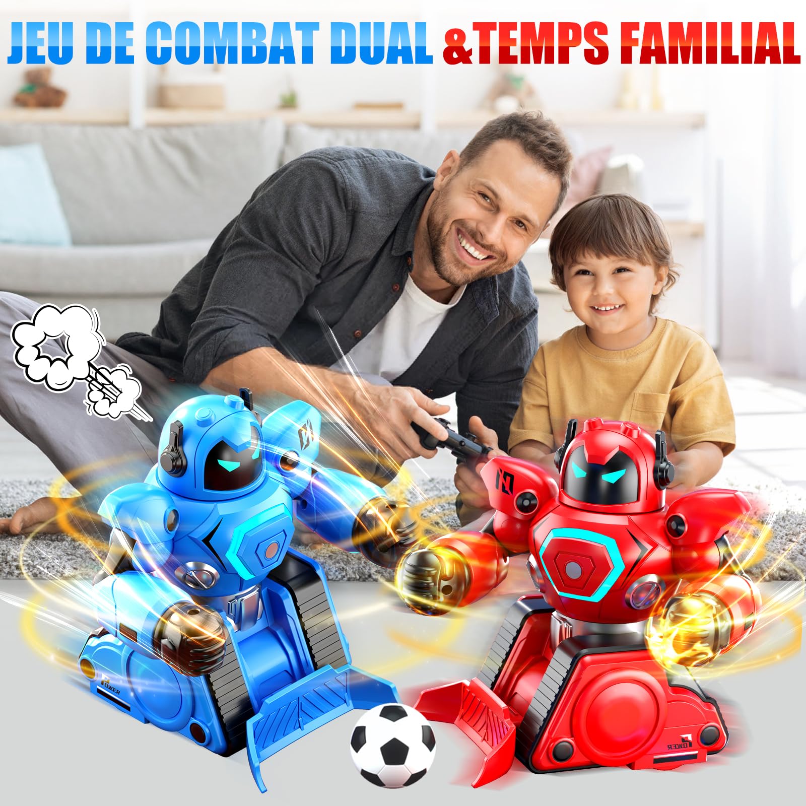 Herenear 2 Robots Kombat Boxeur Télécommandé, Jouets de Combat Robot, Voiture Télécommandés avec Poupées Ejectable, Lumières LED et Musique, Voiture de Football RC, Cadeaux pour Garçon Fille