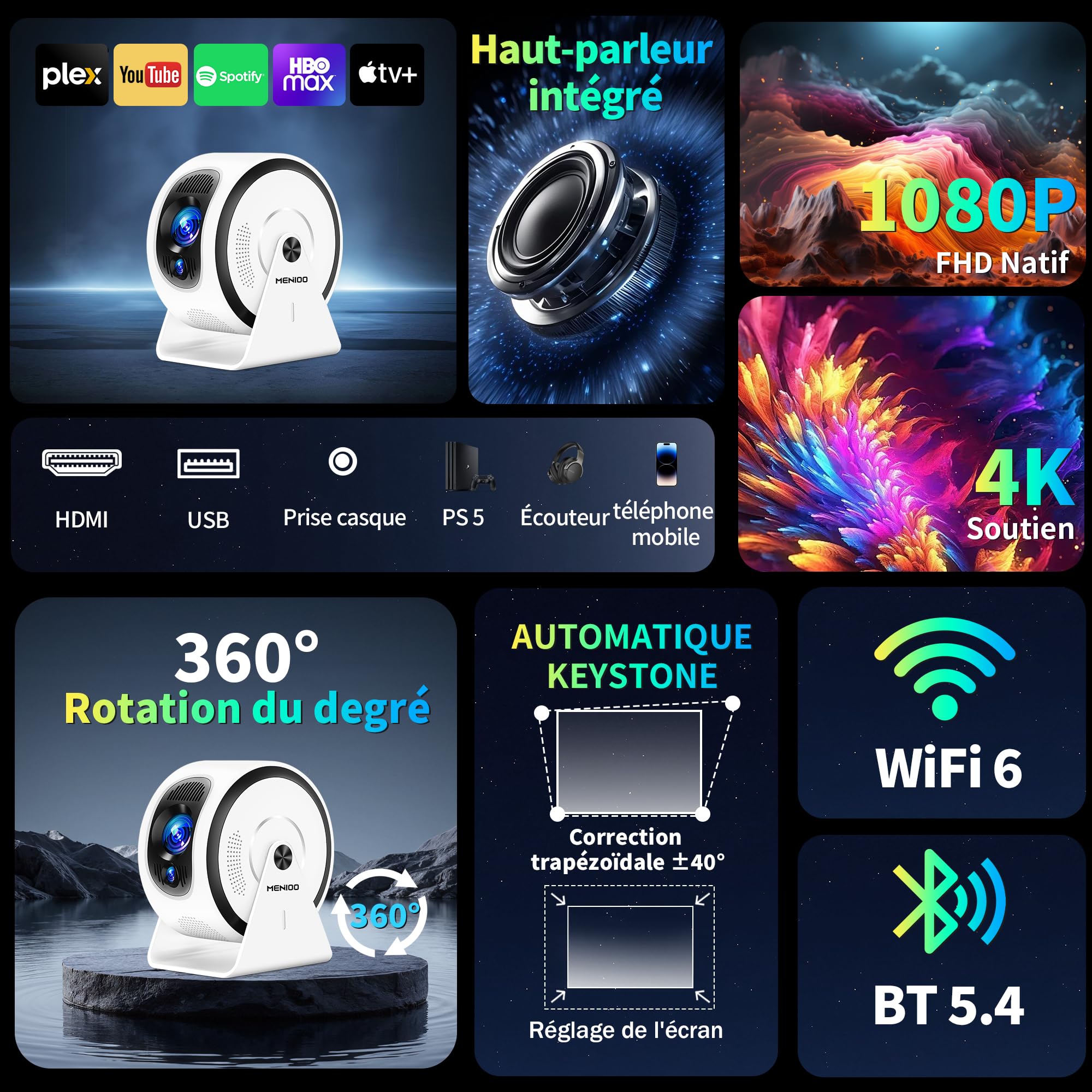 [App integree] Mini Vidéoprojecteur Supporte 4K 1080P 2026 Upgraded AutoFocus & Keystone, Projecteur Correction 360" Rotation avec WiFi 6 etBluetooth 5.4 projecteur avec HDMI/TV Stick/USB/ - Blanc
