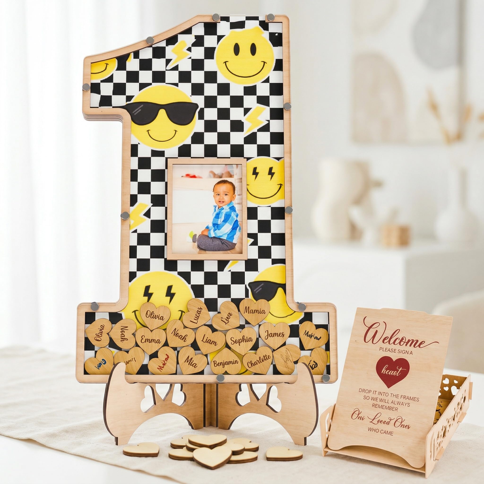 The Real Bossy Baby - One Happy Dude Birthday Guest Book Frame Keepsake - First Birthday Gift Ideas - Decorations - Large Premium Wooden Shadow Box -