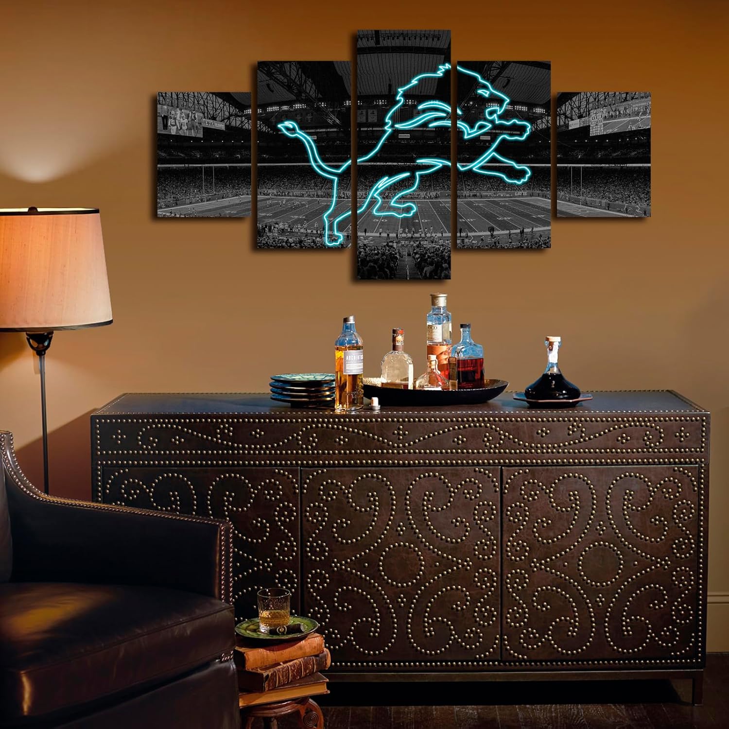 (60X100CM/5PCS) Frame Canvas Print Poster - American football Detroit Field Stadium with Neon Lions badge - Original Black and White Sports Wall Art for Home and Office Decor - Image 4