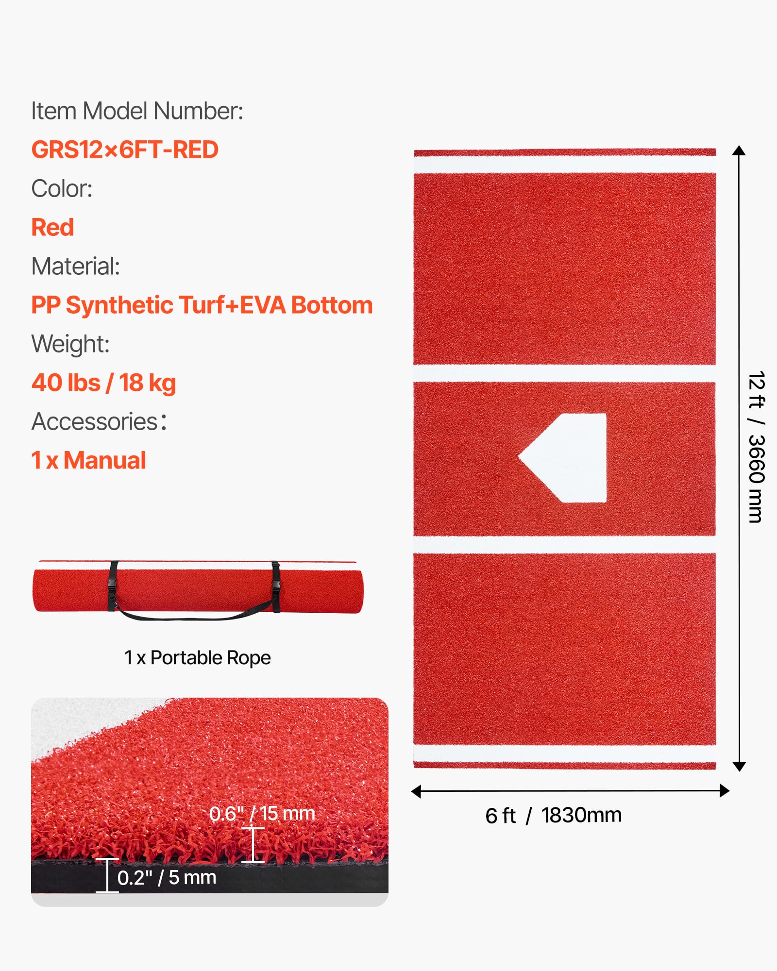 VEVOR Baseball-Schlagmatte Trainingsmatte (366 x 183 cm) Trainingspad Schlagkäfigmatte, Baseballmatte mit Home Plate & Anti-Fade-Rasen, tragbare Trainingshilfe Softballmatte Outdoor, Rot