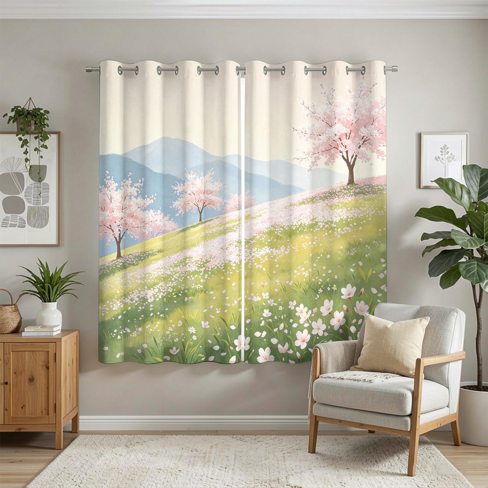 Rideaux Occultants Fleurs de Cerisier 117x138 cm LxH, Lot de 2