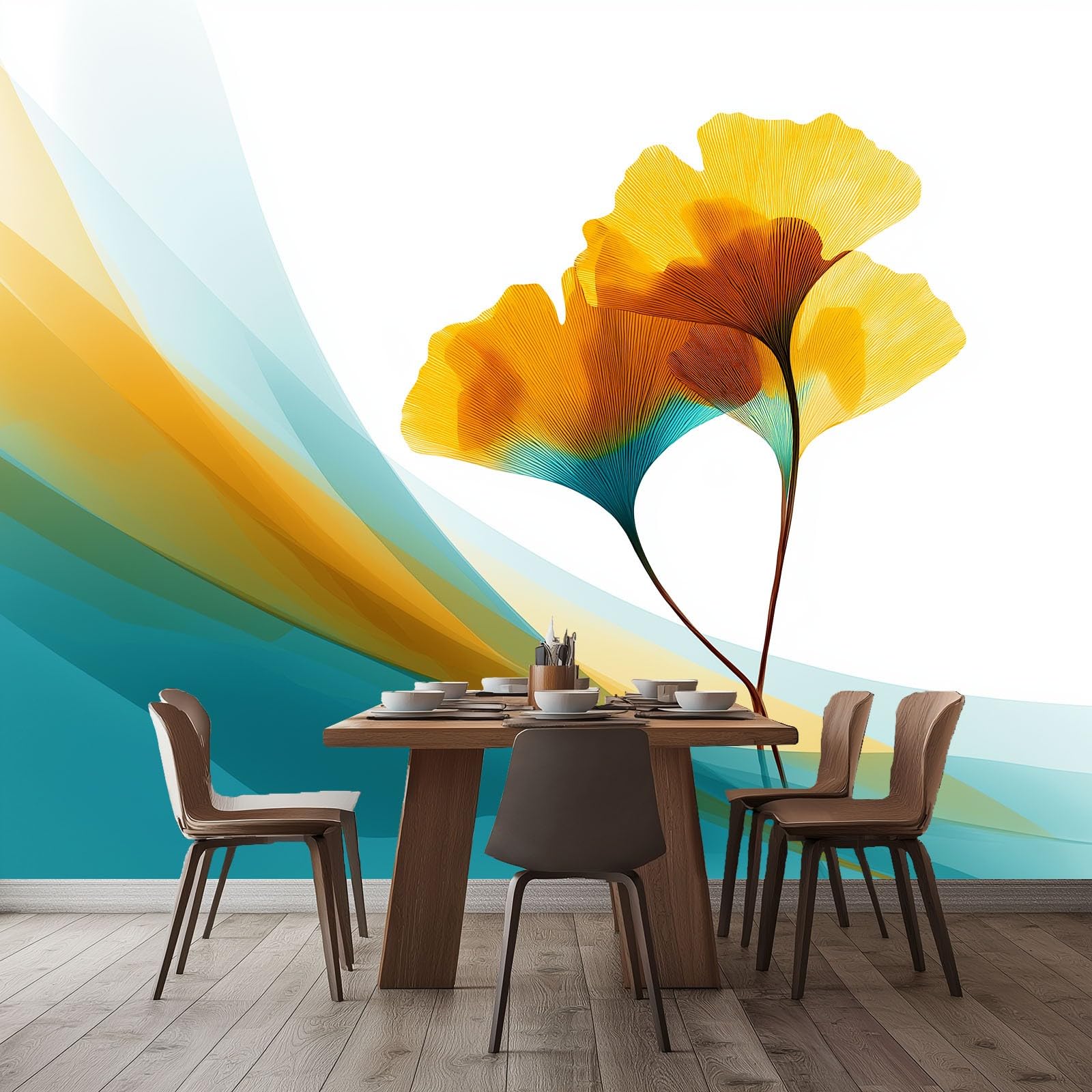 Carta da parati Fotomurale in una Versione su Misura 250 x 175 cm (L x A), Astratto Minimalismo Foglia Di Ginkgo Carta da Parati Murale (Blu-Verde) – per Soggiorno TV Hotel e Corridoio a Tema