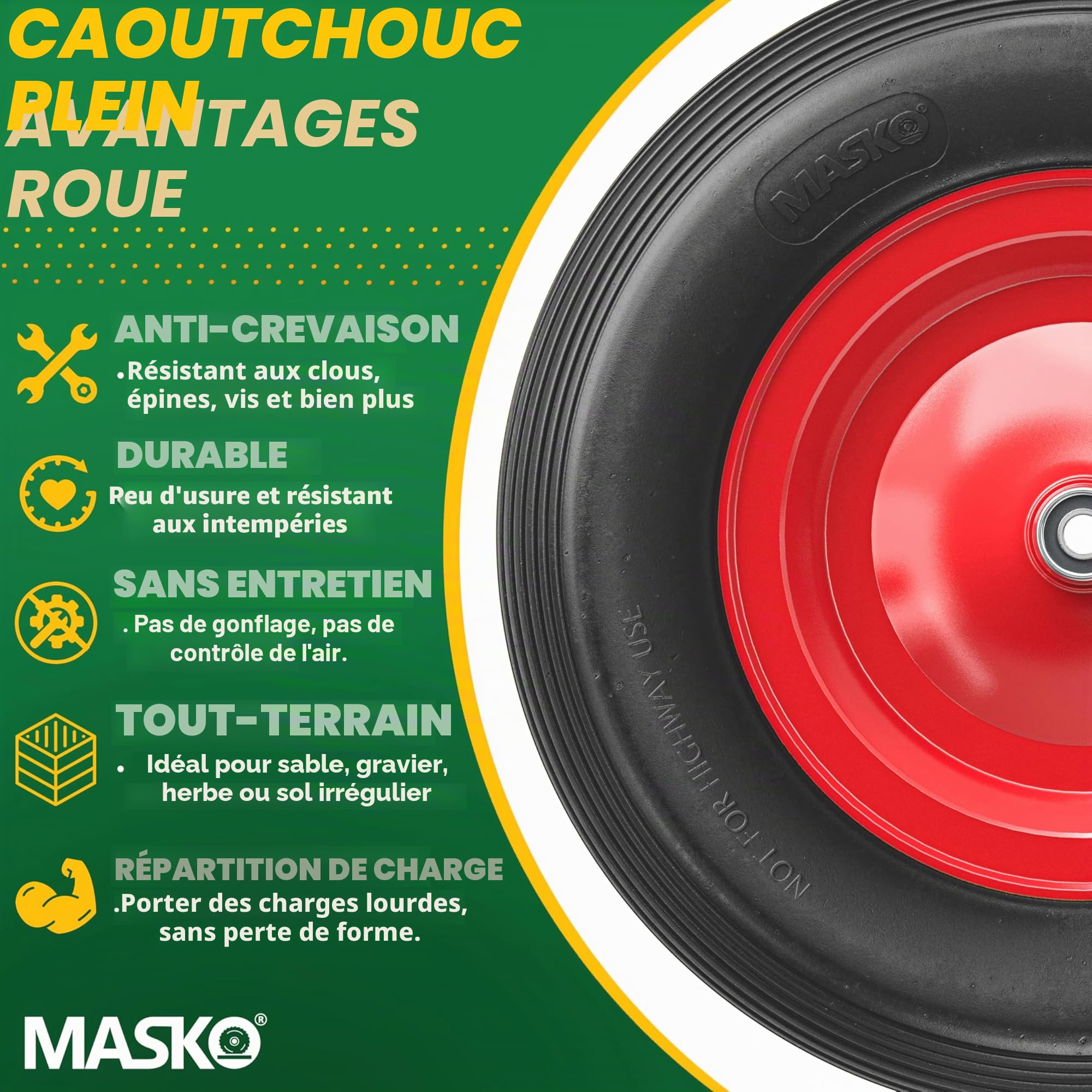 MASKO® Roue de brouette PU en caoutchouc plein 200 kg increvable 4,80/4,00-8 Ø 390 mm incl. essieu Roue de remplacement Roue en caoutchouc jante en acier Pneu increvable pour brouette