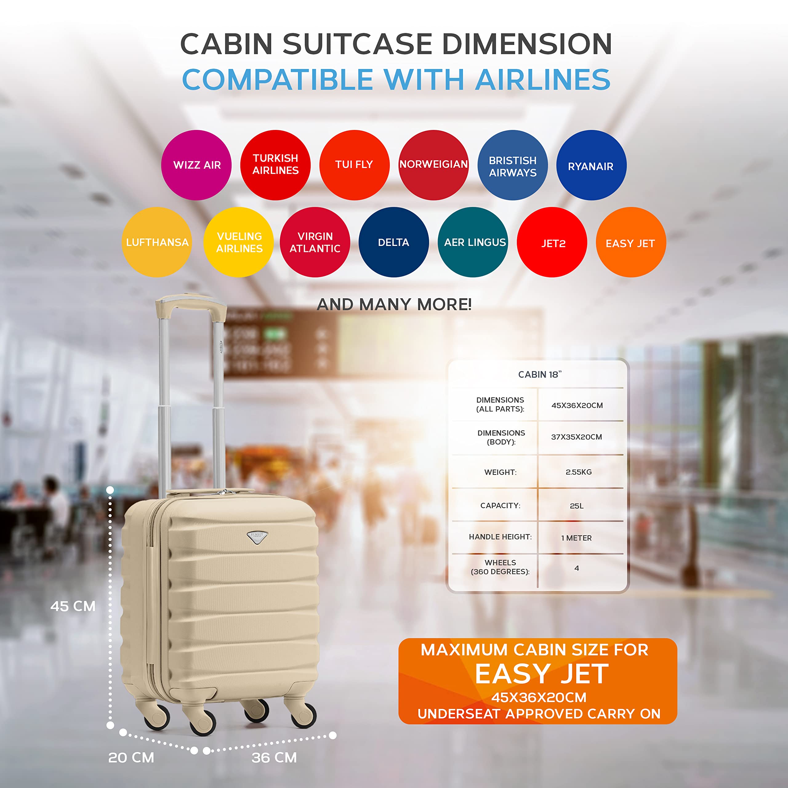 Flight Knight EasyJet Cabin Bag 45x36x20, Underseat, Lightweight Small Durable 4 Wheel Cabin Suitcase, Maximum Carry-On Size, ABS Hard Shell, 10kg Hand Luggage Bag- 45 x 36 x 20 cm Travel Bag