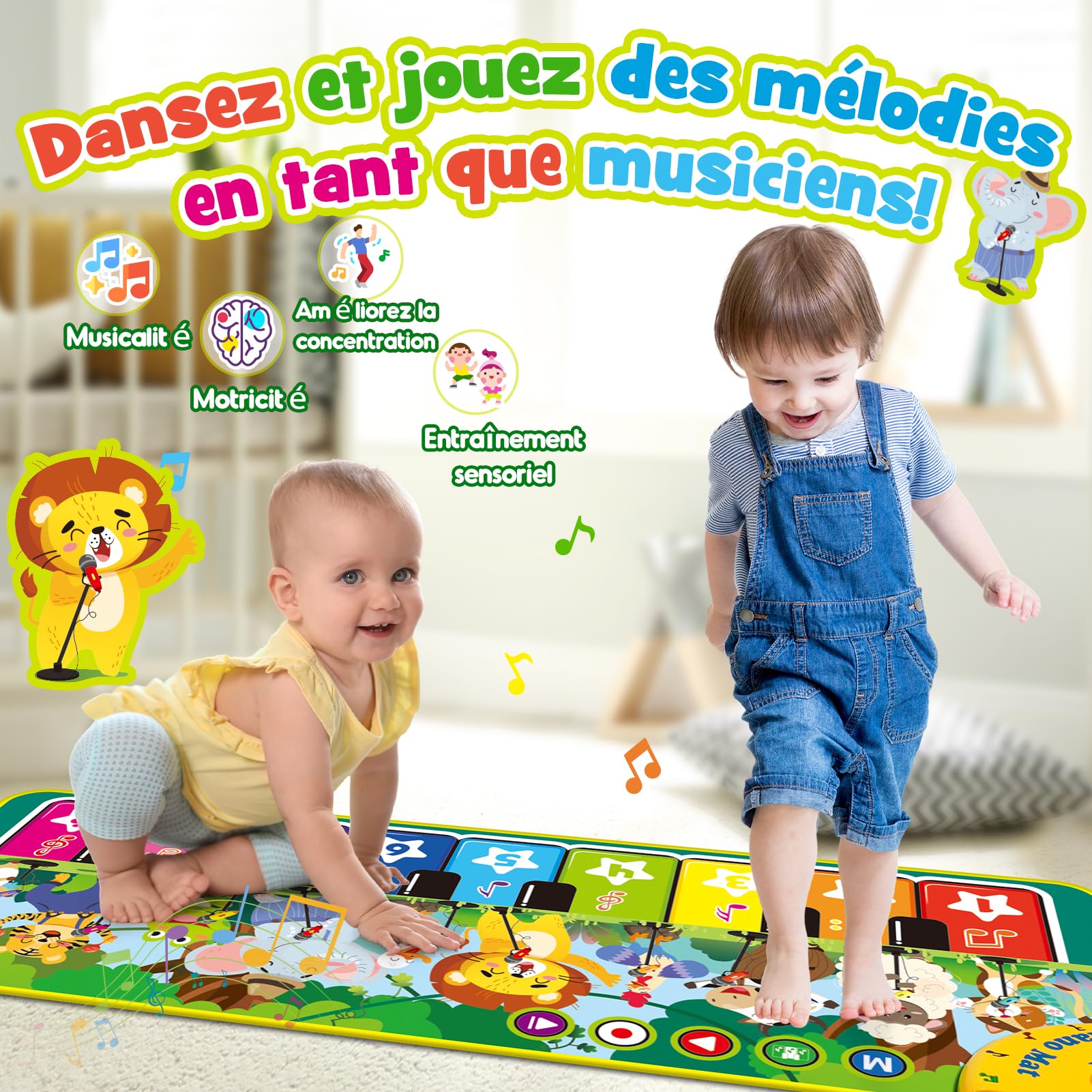 Tapis Musical Jouet Enfant 1 2 Ans, Tapis Piano Bebe avec 10 Sons d'animaux Jouet Bebe Fille Garcon 1 2 an Cadeau Enfant Bebe Fille Garcon 1 2 Ans, Tapis De Jeux Bebe 1 an