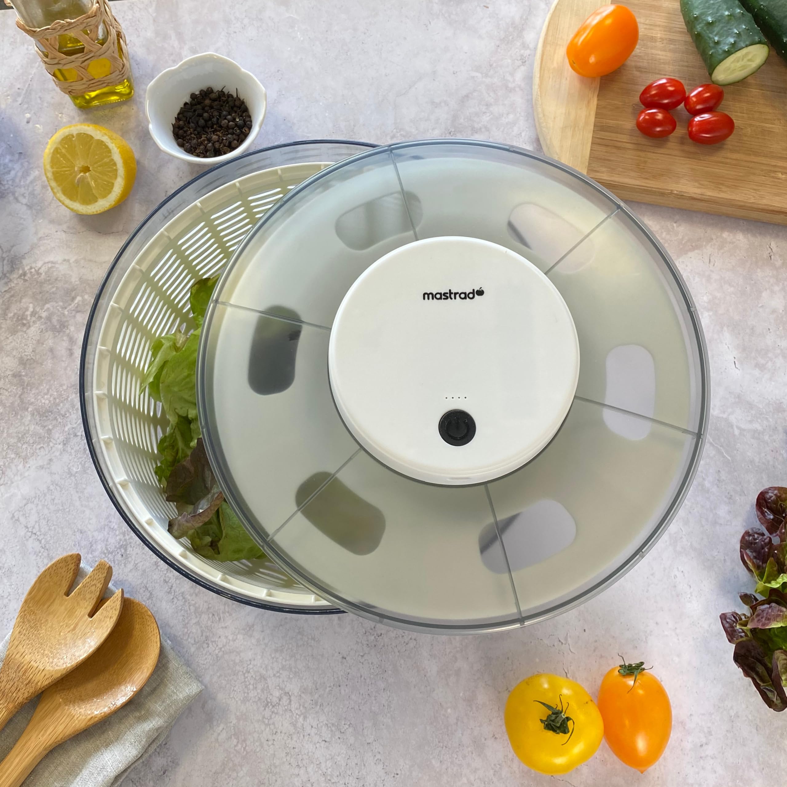 Mastrad - Escurridor Ensalada Eléctrica. Batería Recargable por USBC: Dos Horas de Carga para 100 usos, Base Antideslizante de Silicona, para Frutas, Verduras, Ensalada de Verduras