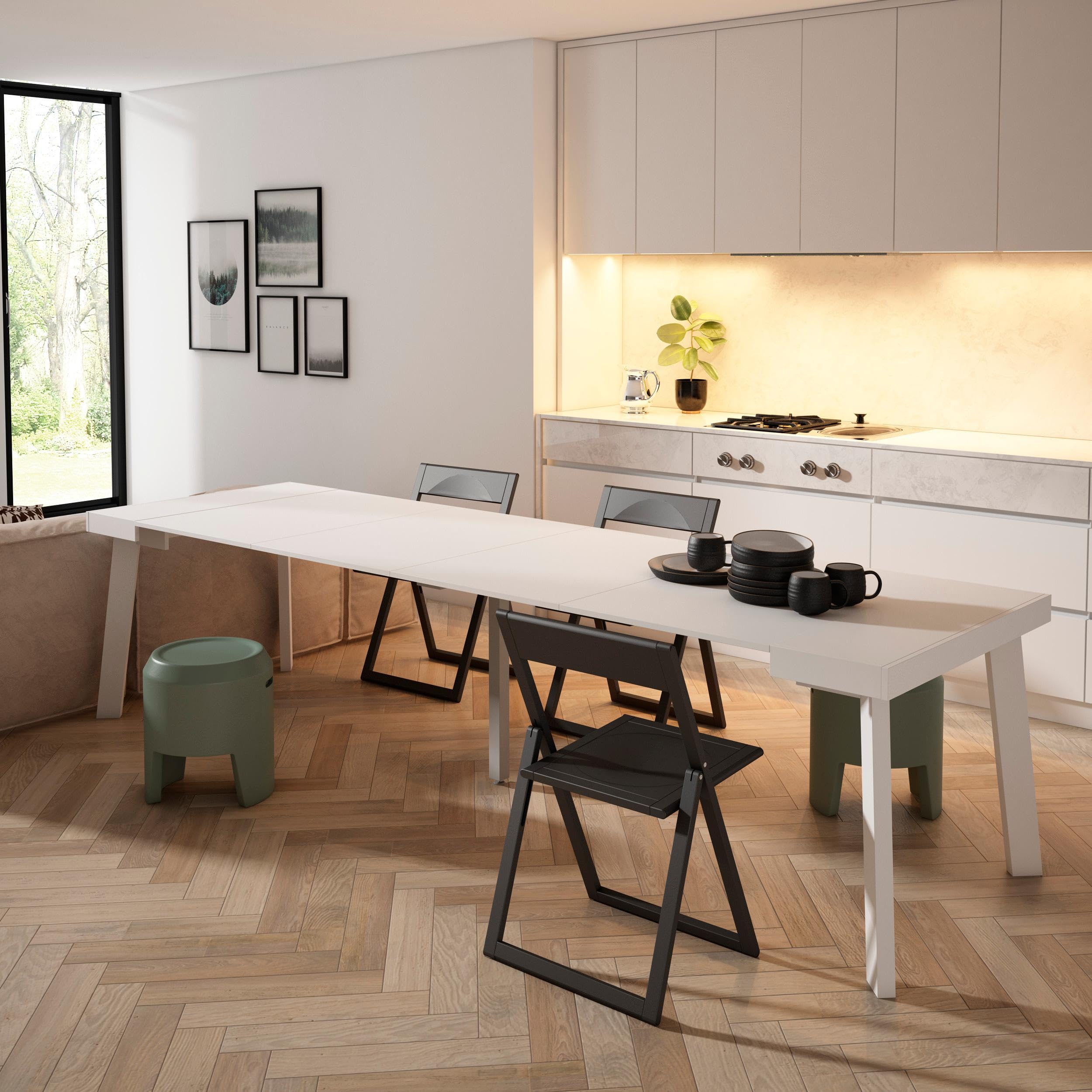 Skraut Home | Table Console Extensible | Console Meuble | 300 | pour 14 Personnes | Pieds en Bois | Style Moderne | Blanc