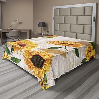 Lunarable Sunflower Flat Sheet, Romantic Flowers on Old Fashioned Letters Postcards Newspapers, Soft Comfortable Top Sheet Decorative Bedding 1 Piece, King Size, Fern Green Marigold