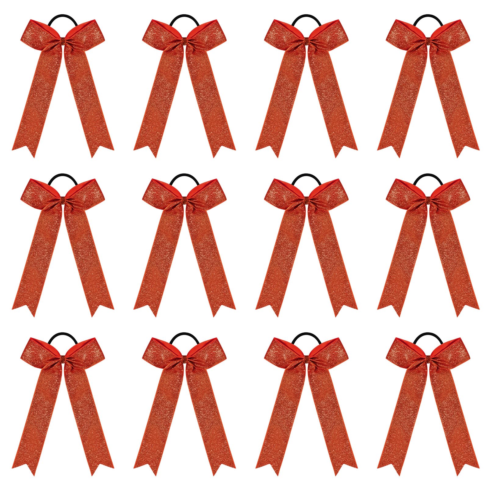 DEEKA Red Glitter Long Tail Cheer Bows Shiny College Cheerleader Ponytail Holder Bows for Volleyball Softball Girls Pack of 12