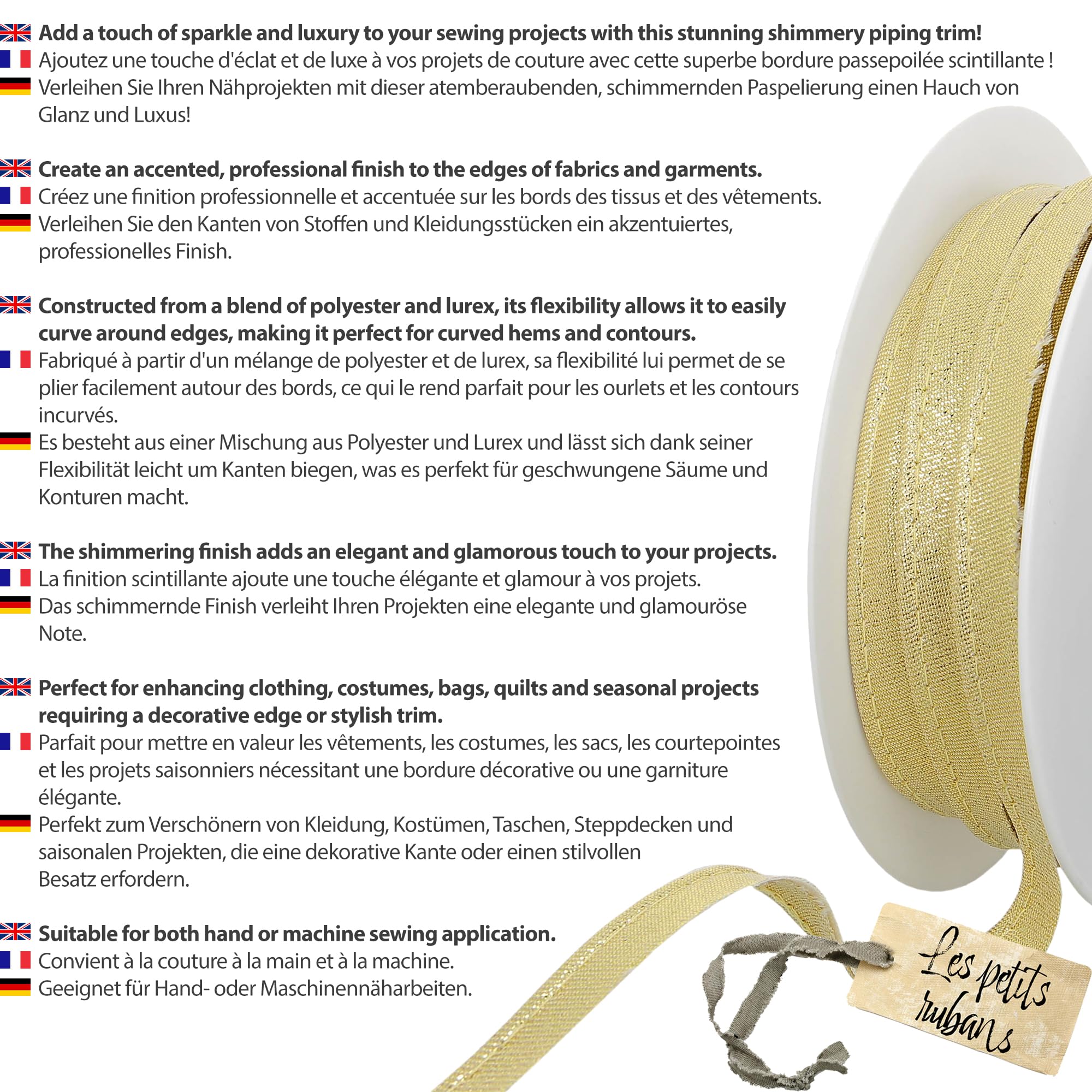 Metallischer Paspelfaden – 10 mm breit, 25 m Rolle, 80% Polyester, 20% Lurex, Kanten zum Nähen, Banner, Polster, Möbel, Paspeln, Kleidung, Decken, Gold