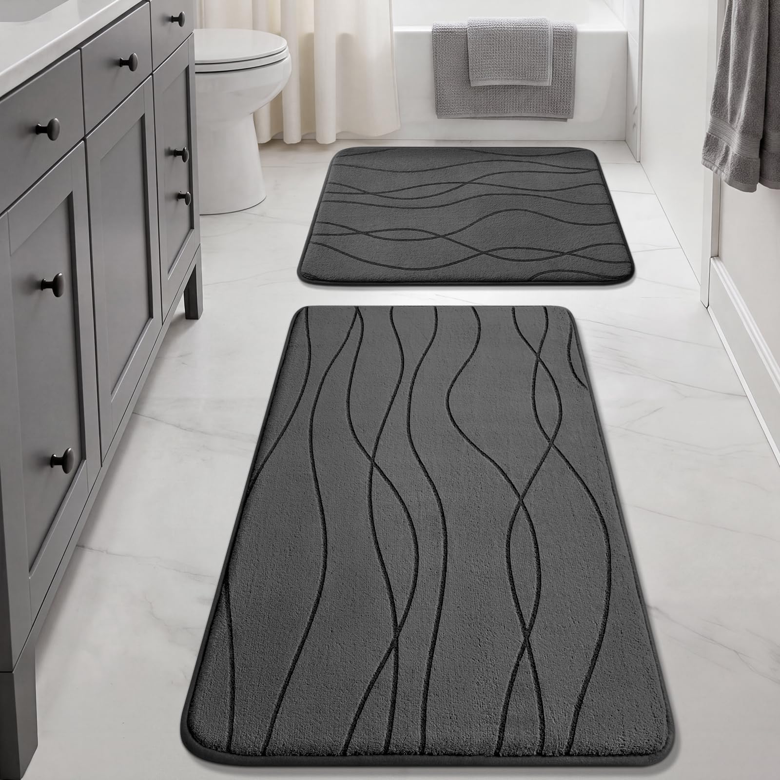 YIHOUSE Bathroom Rugs Set 2 Piece, Memory Foam Bath Mat Dark Grey