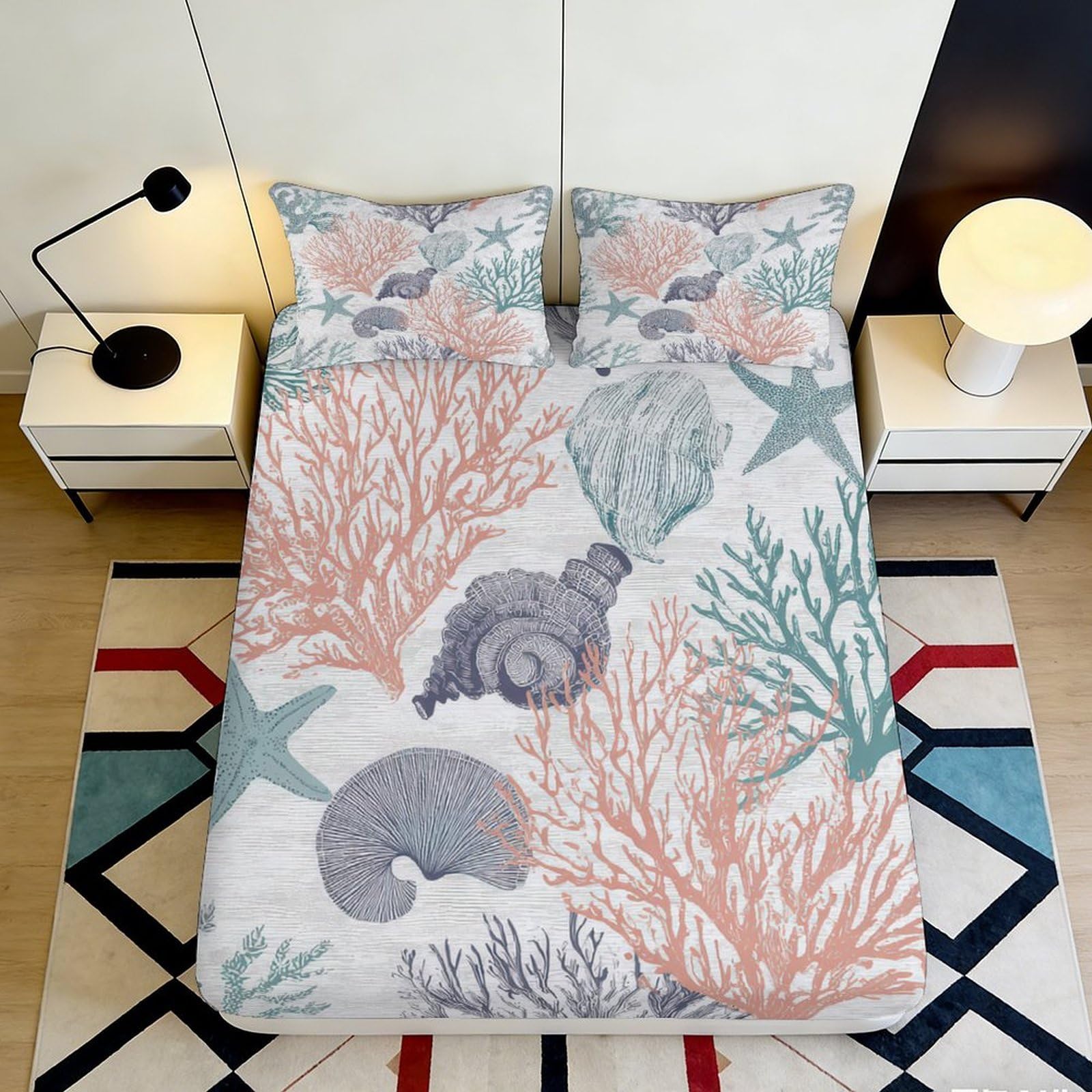 3D Printed Coral Reef Fitted Sheet Microfiber Soft Breathable Seashell Mattress Cover for Bedroom Guest Room Decor 90x200x25cm