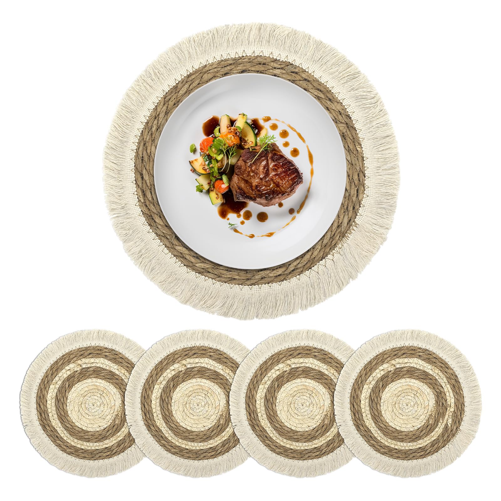 Sets de table ronds boho fanquare en herbe avec pampilles macramé cuisine salle à manger